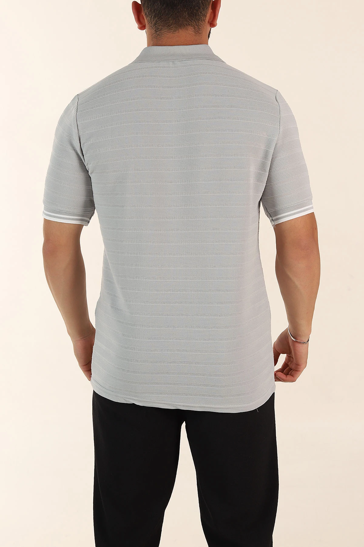 Gri Regular Fit Çizgi Dokulu Fermuarlı Polo Yaka Erkek Triko Tişört 370066