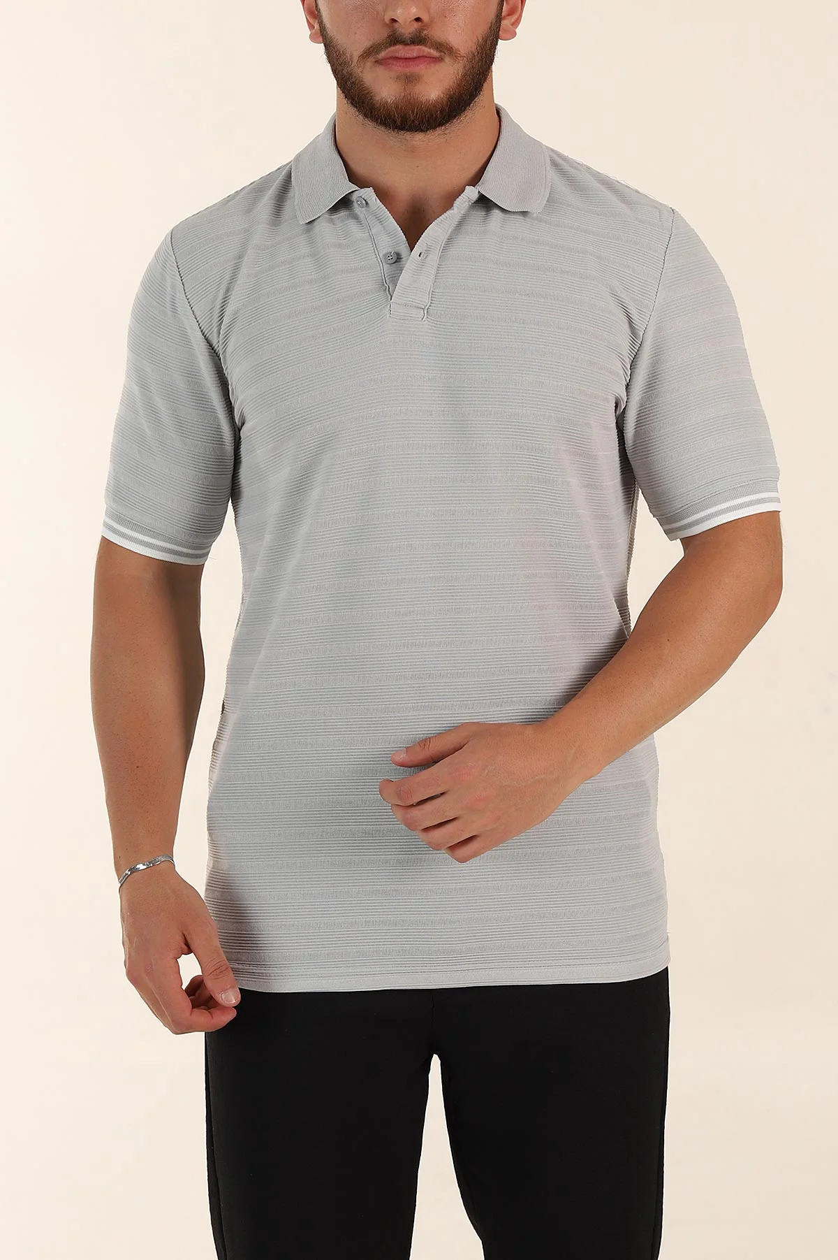 Gri Regular Fit Çizgi Dokulu Fermuarlı Polo Yaka Erkek Triko Tişört 370066