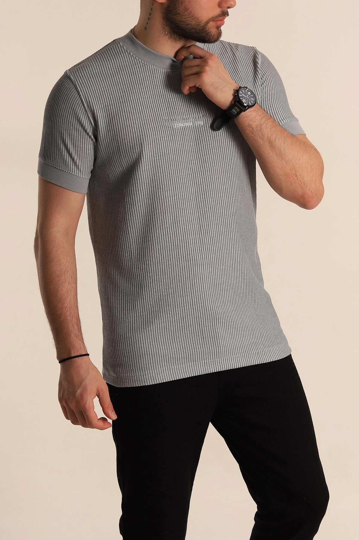 Gri Regular Fit Çizgi Dokulu Yazı Detay Erkek Tişört 268727