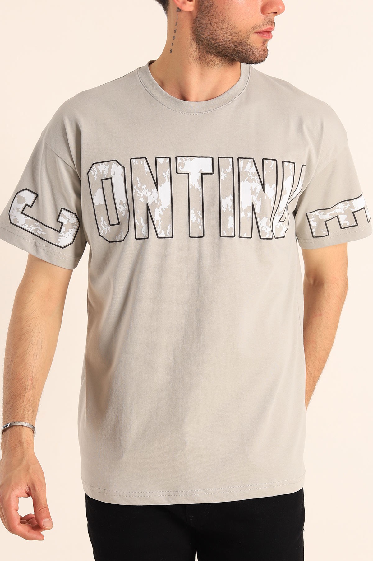 Gri Regular Fit Continue Baskılı Erkek Tişört 186611