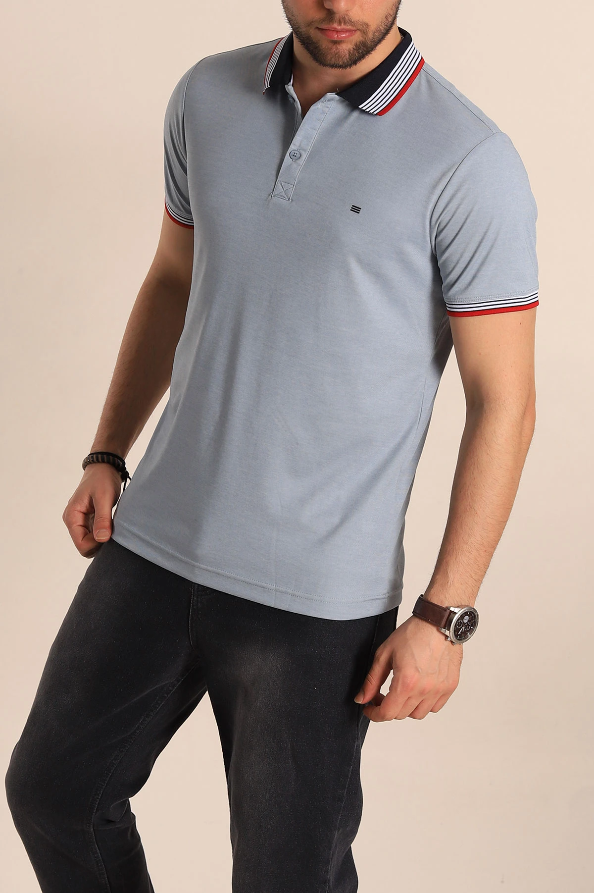 Gri Regular Fit Desenli Polo Yakalı Erkek Tişört 263266
