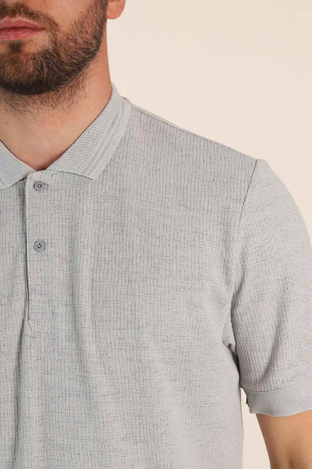 Gri Regular Fit Dokulu Düğmeli Polo Yaka Erkek Triko Tişört 370072