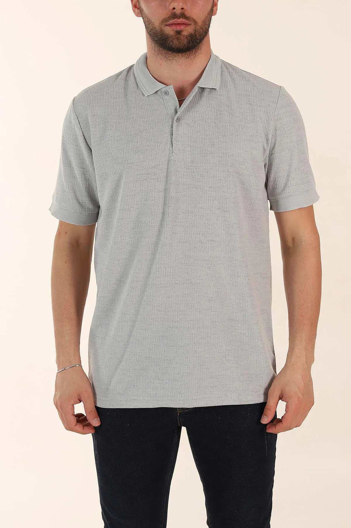 Gri Regular Fit Dokulu Düğmeli Polo Yaka Erkek Triko Tişört 370072