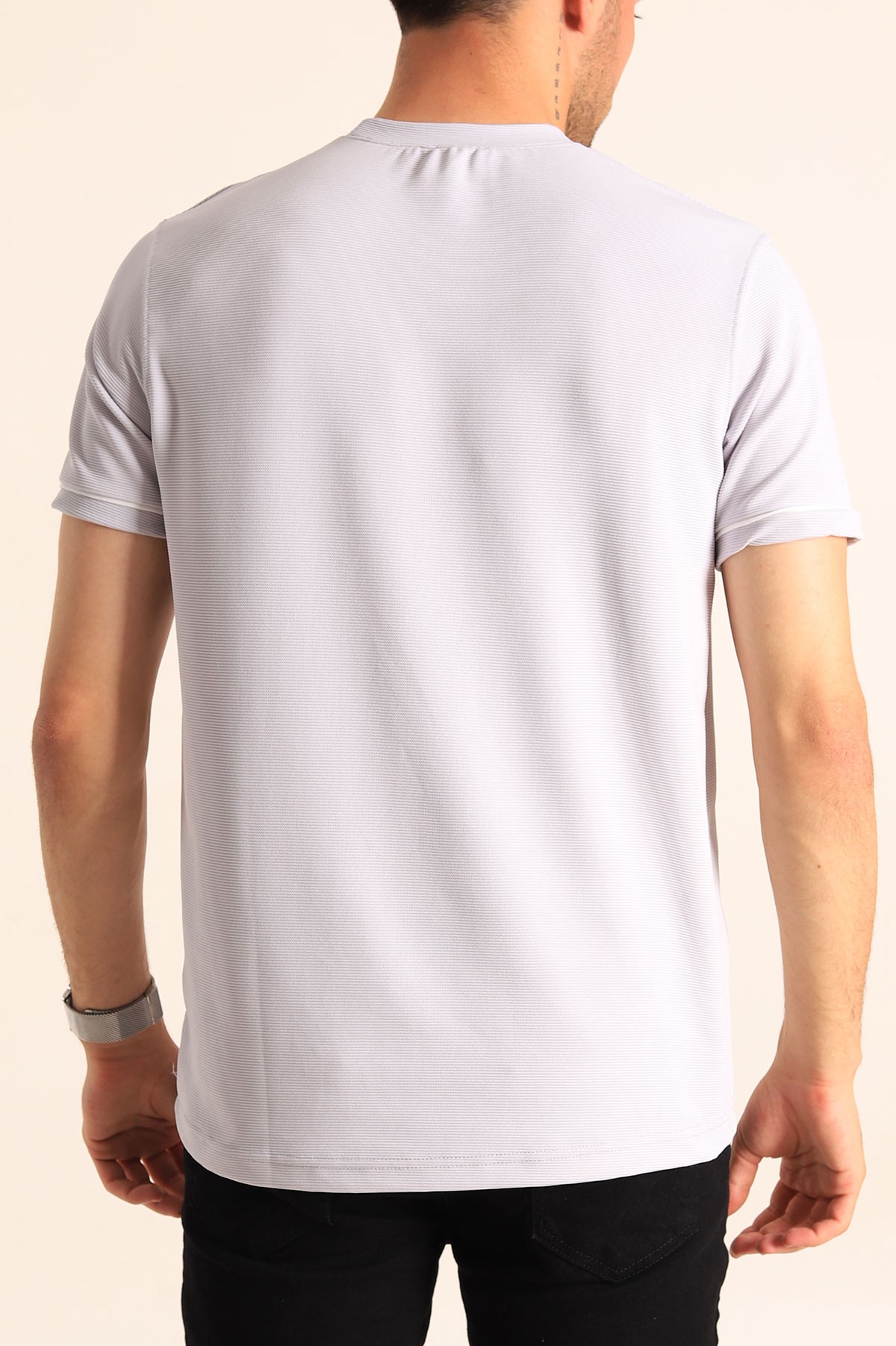 Gri Regular Fit Dokulu Nakışlı Yazı Detay Erkek Tişört 182162