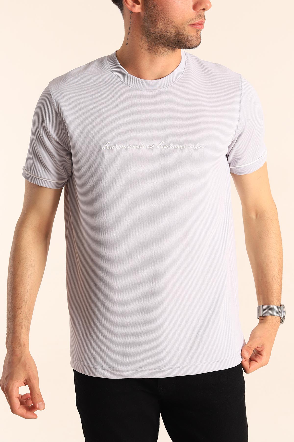 Gri Regular Fit Dokulu Nakışlı Yazı Detay Erkek Tişört 182162