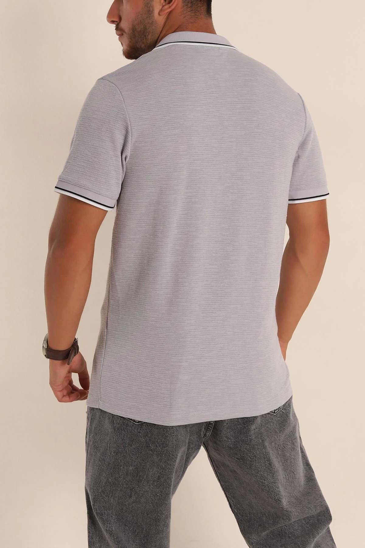 Gri Regular Fit Dokulu Polo Yaka Erkek Tişört 277065