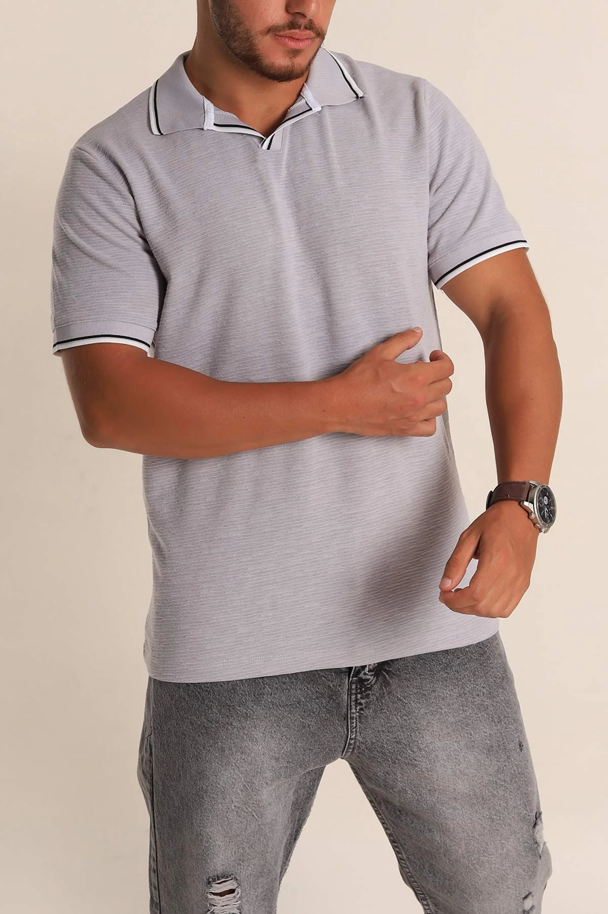 Gri Regular Fit Dokulu Polo Yaka Erkek Tişört 277065