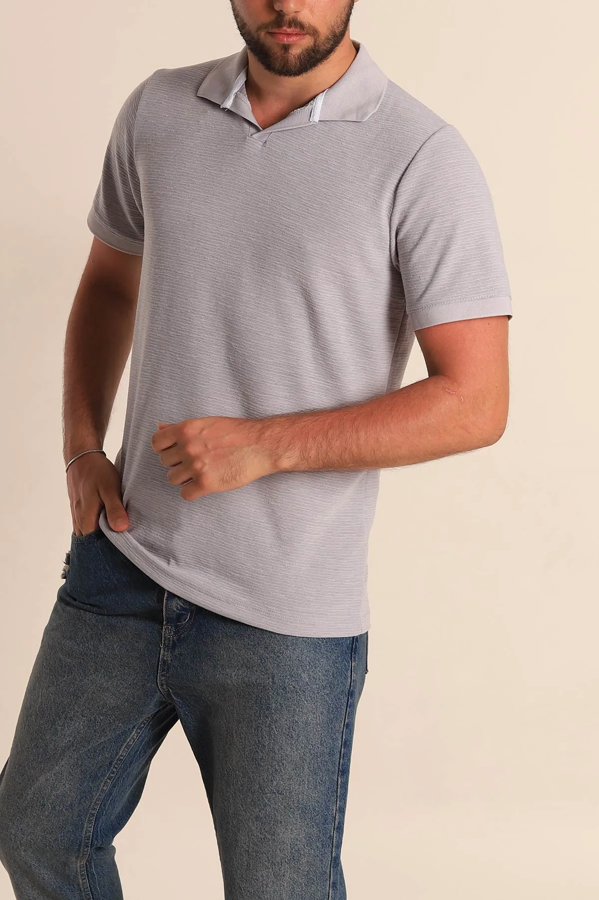 Gri Regular Fit Dokulu Polo Yaka Erkek Tişört 277120