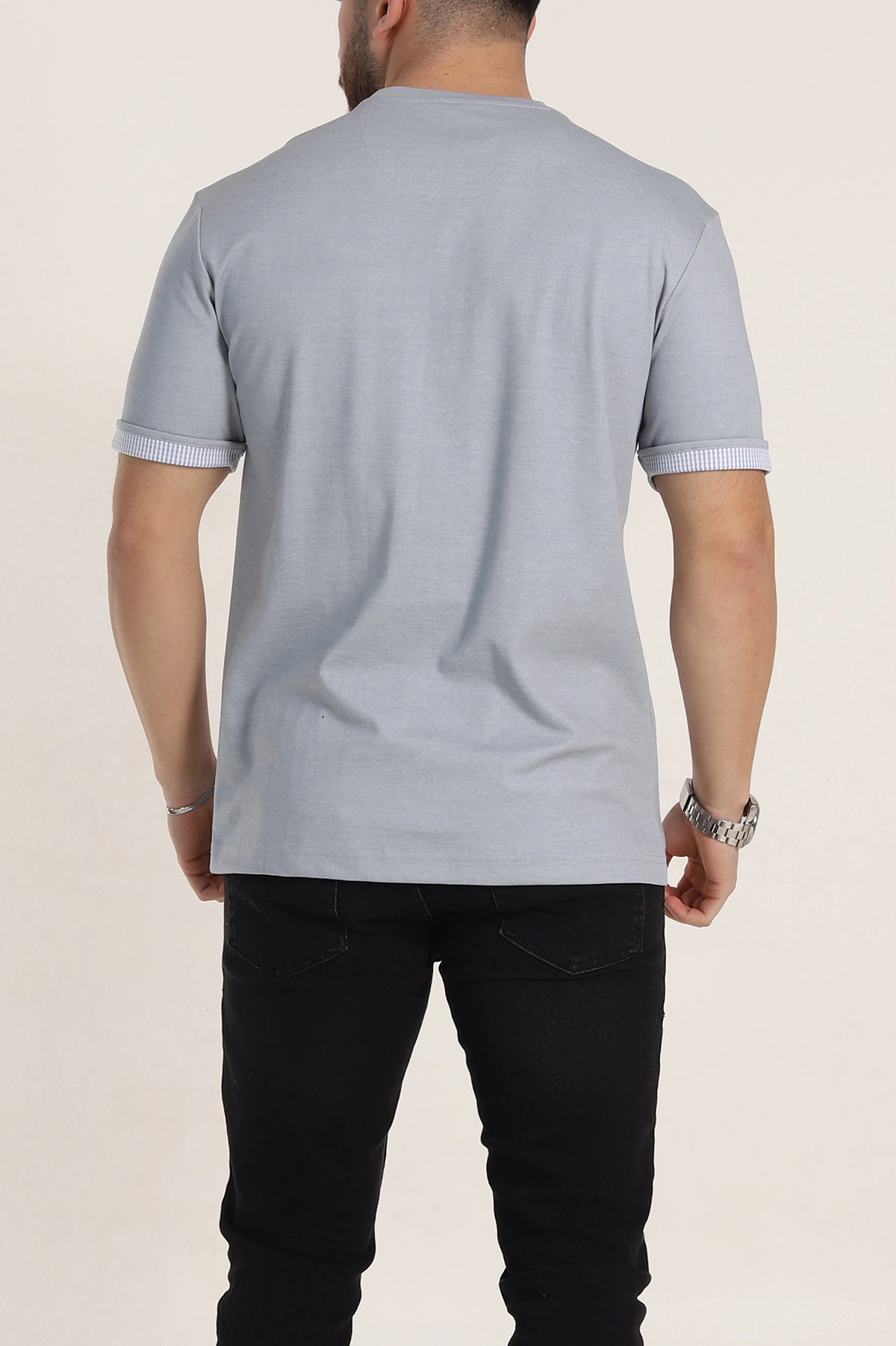 Gri Regular Fit Duble Kol Detaylı Basic Erkek Tişört 346184