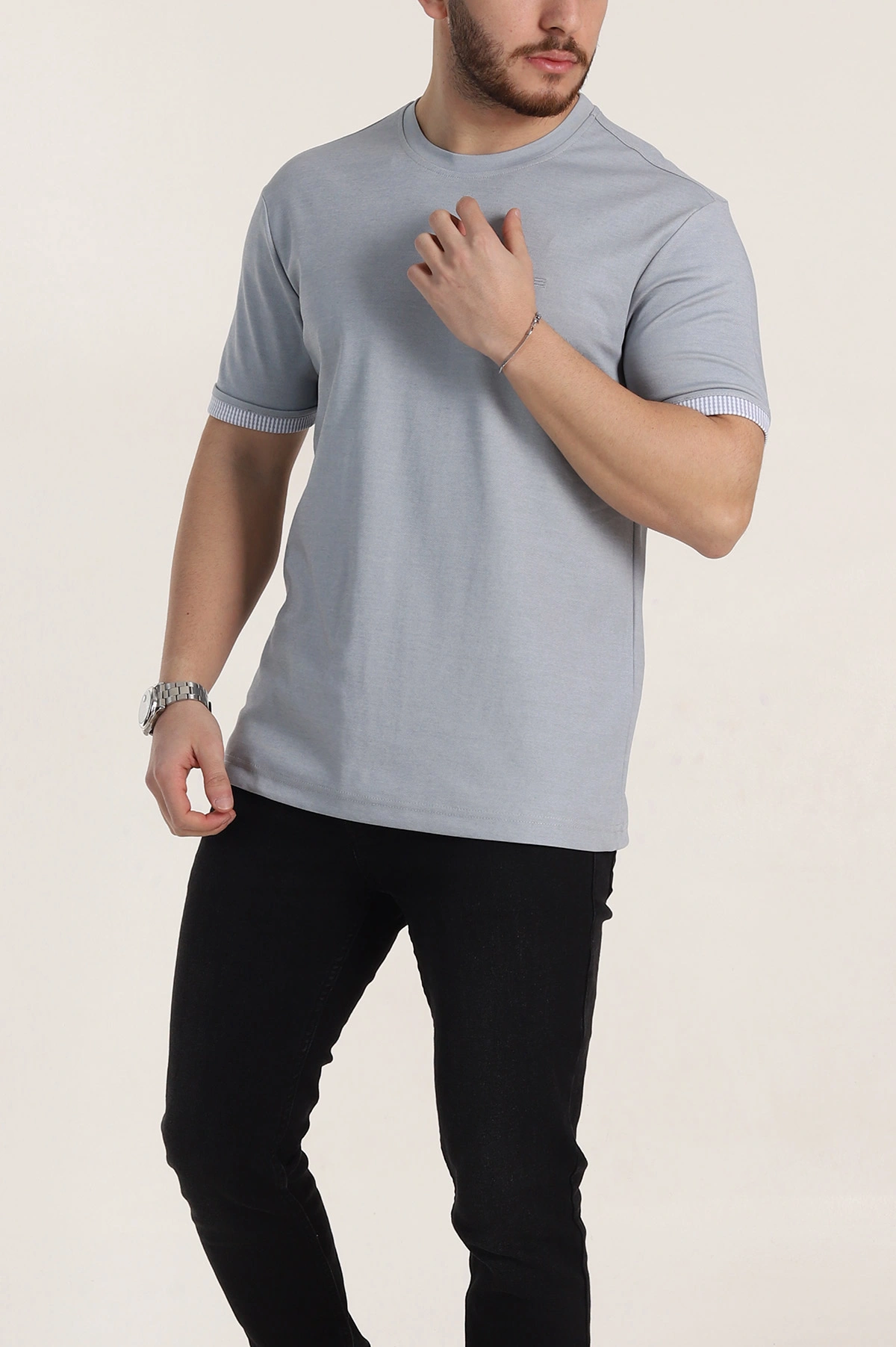 Gri Regular Fit Duble Kol Detaylı Basic Erkek Tişört 346184
