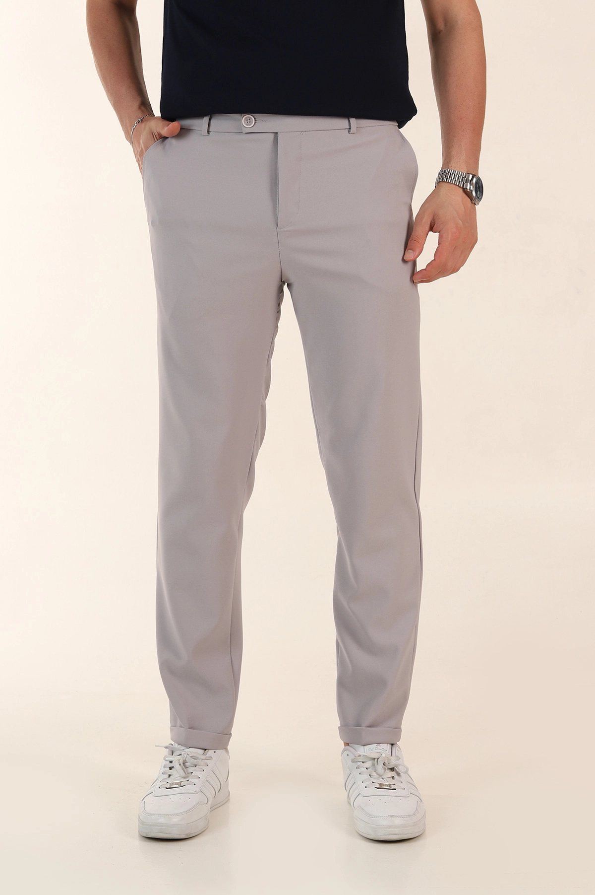 Gri Regular Fit Duble Kumaş Duble Paça Bel Arkası Lastikli Erkek Pantolon 368374