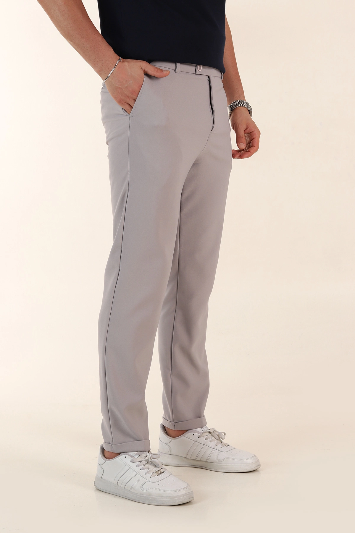 Gri Regular Fit Duble Kumaş Duble Paça Bel Arkası Lastikli Erkek Pantolon 368374