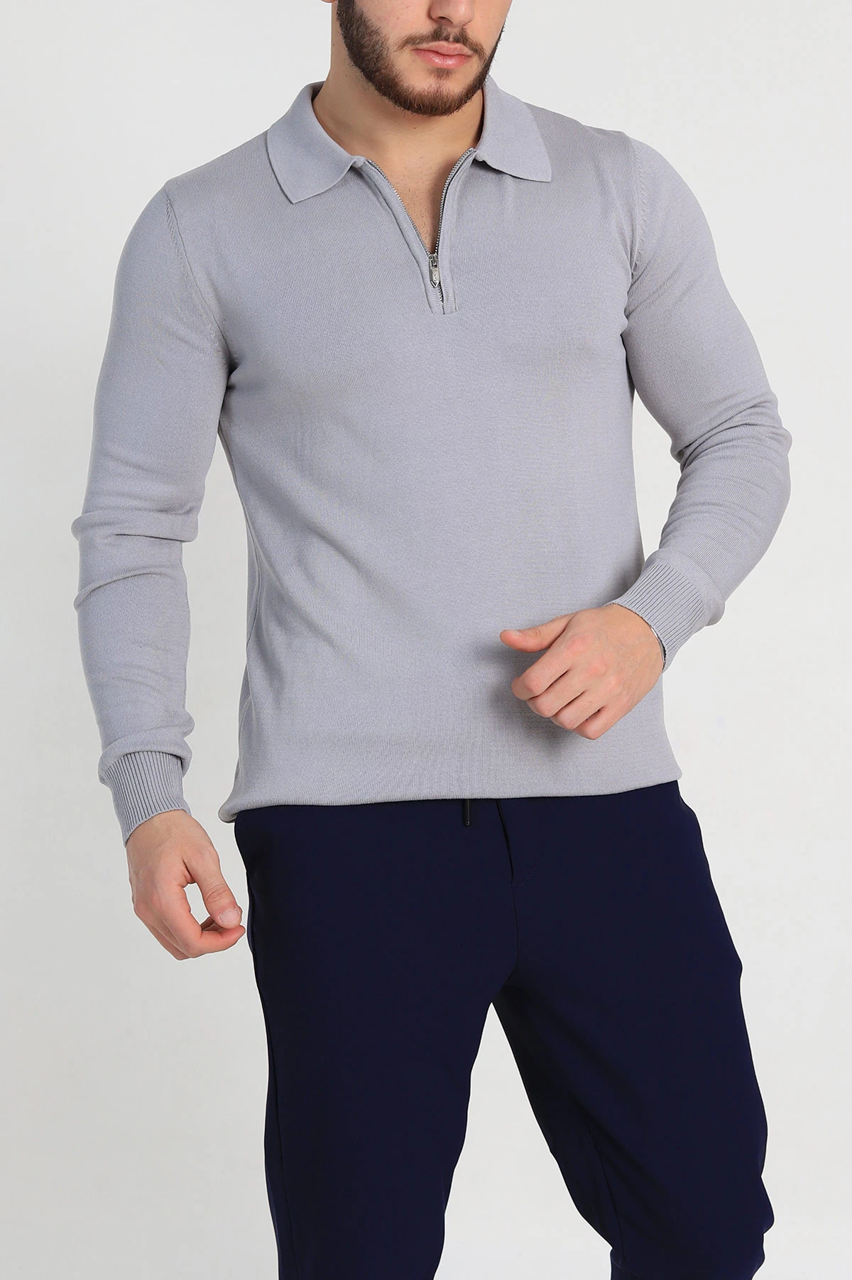 Gri Regular Fit Fermuarlı Polo Yaka Erkek Triko 327614