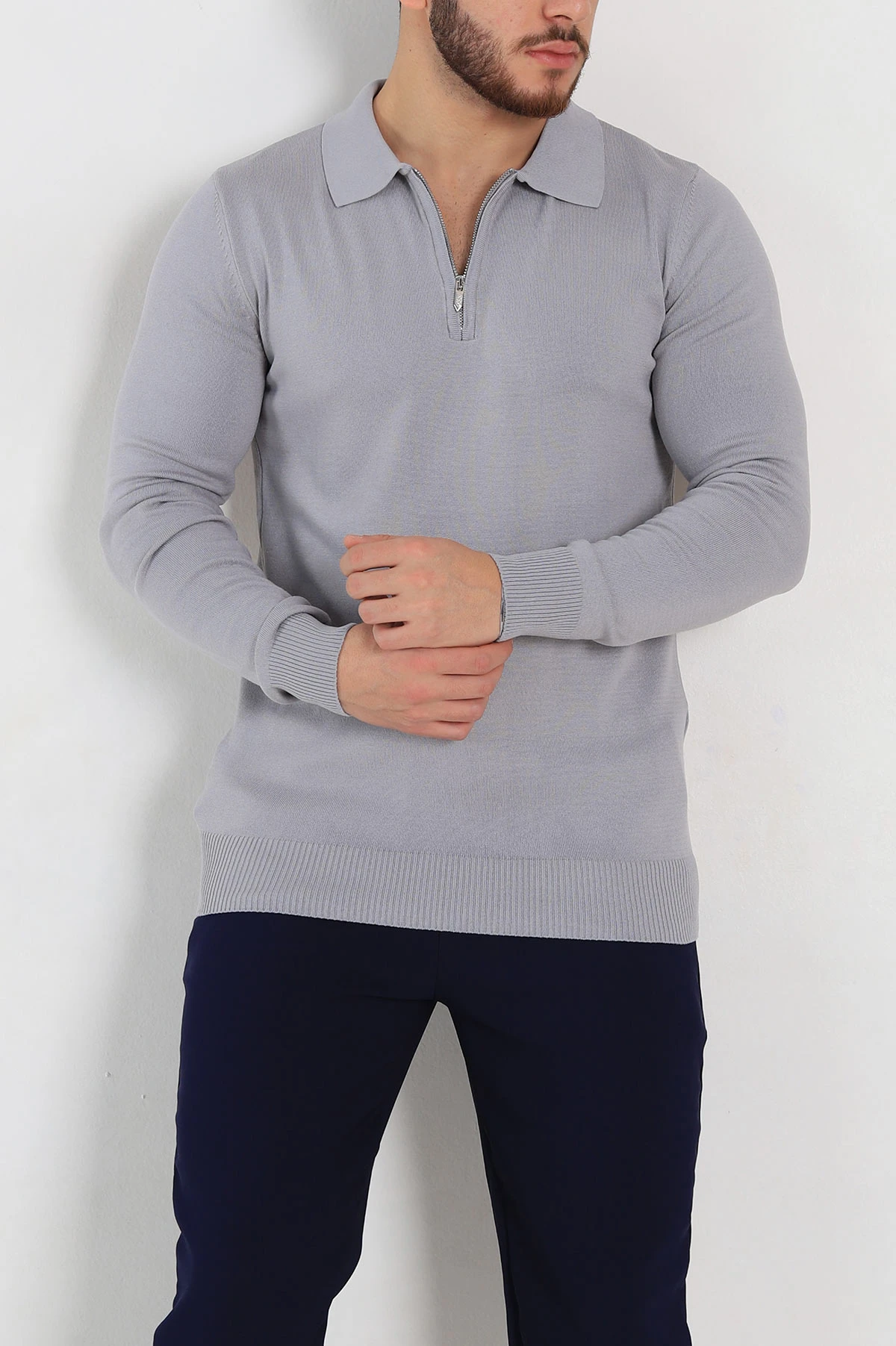 Gri Regular Fit Fermuarlı Polo Yaka Erkek Triko 327614
