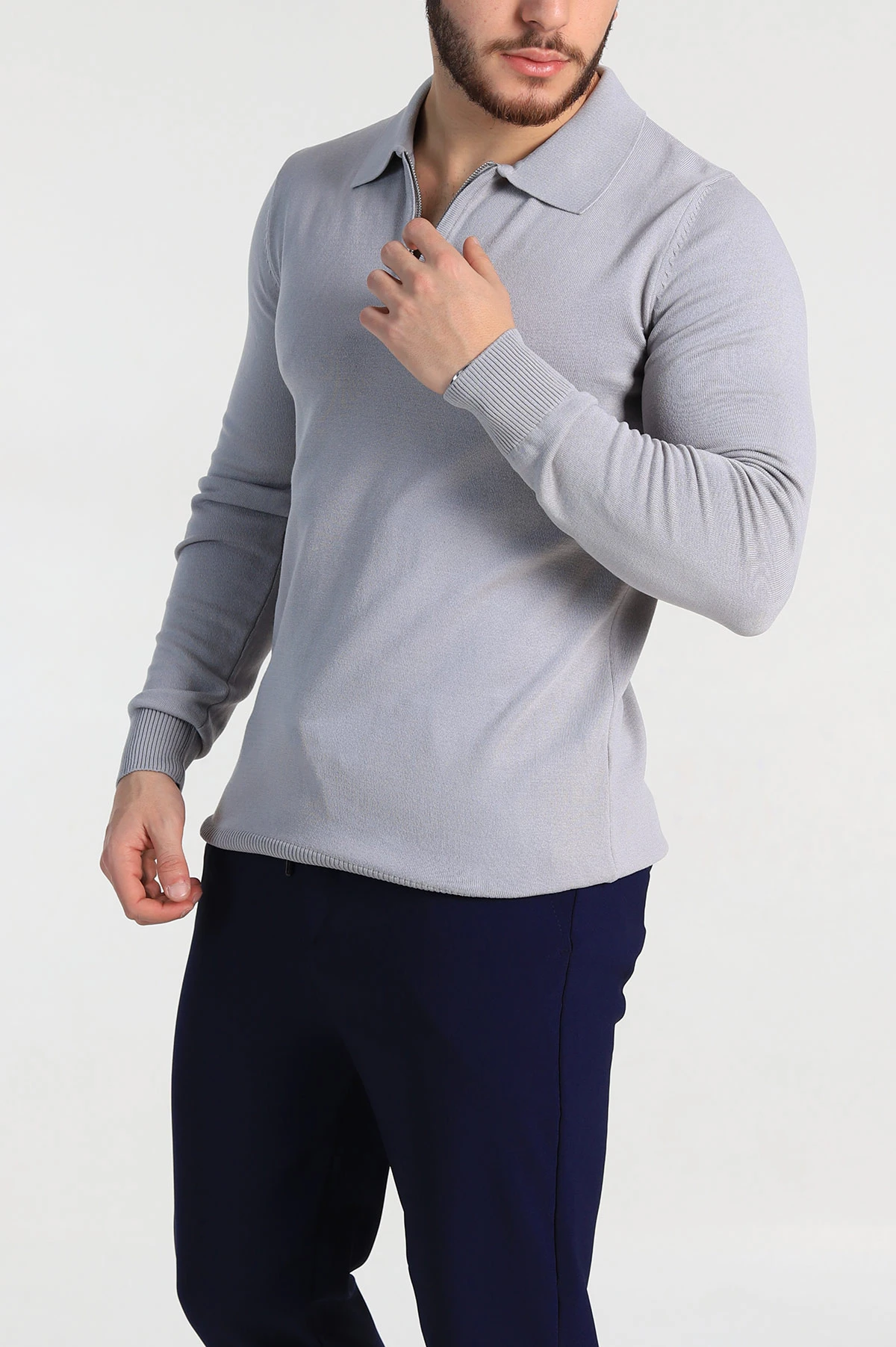 Gri Regular Fit Fermuarlı Polo Yaka Erkek Triko 327614