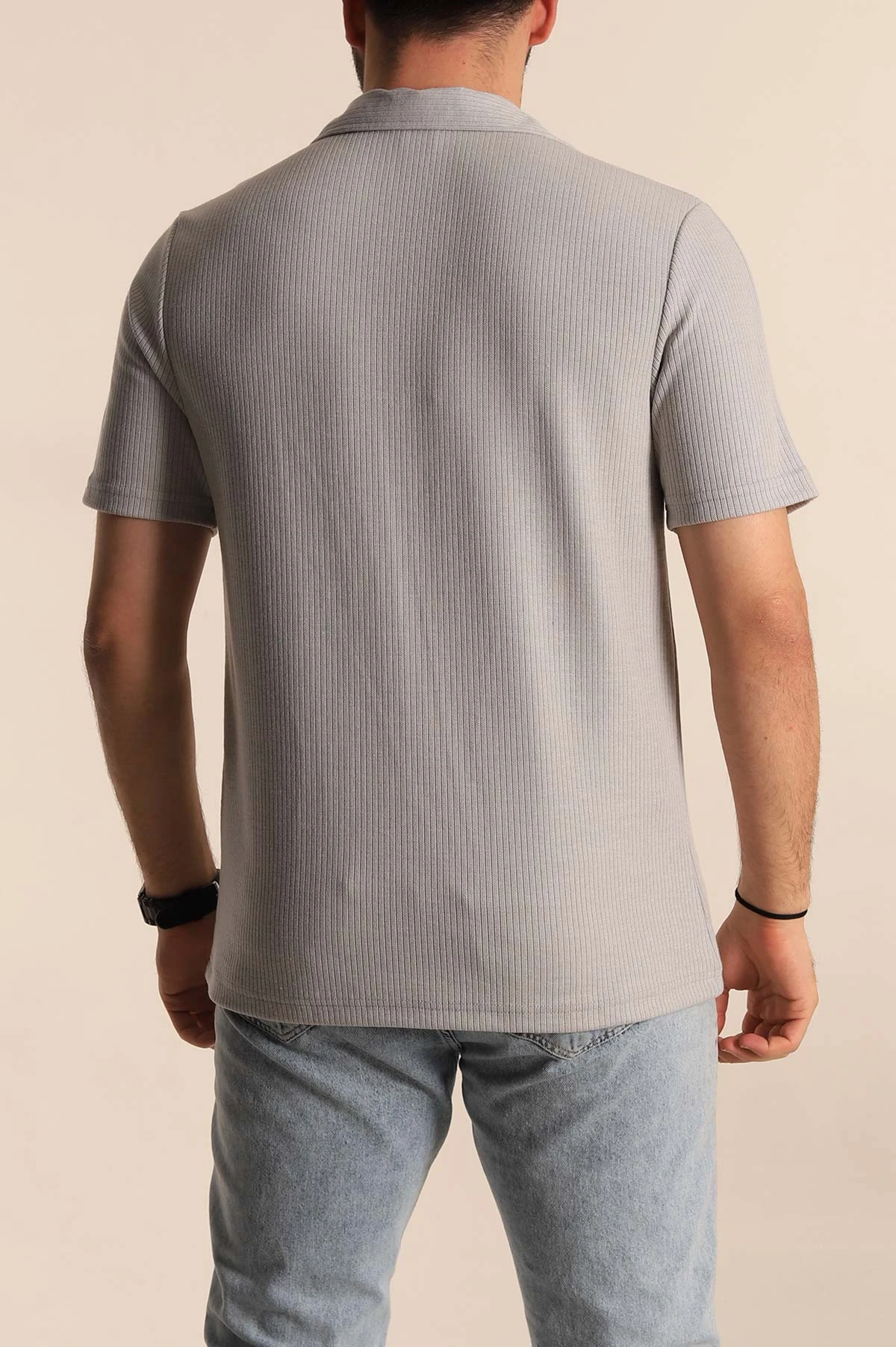 Gri Regular Fit Fitilli Doku Fermuarlı Yaka Erkek Tişört 268891