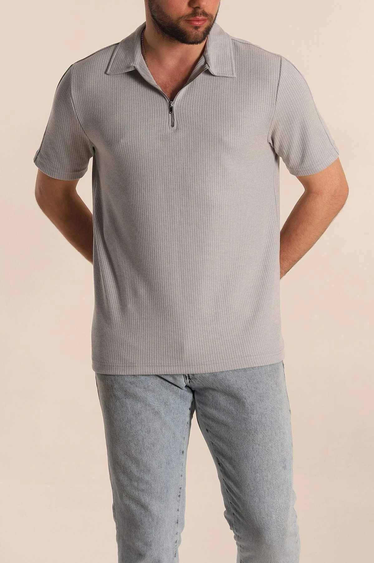 Gri Regular Fit Fitilli Doku Fermuarlı Yaka Erkek Tişört 268891