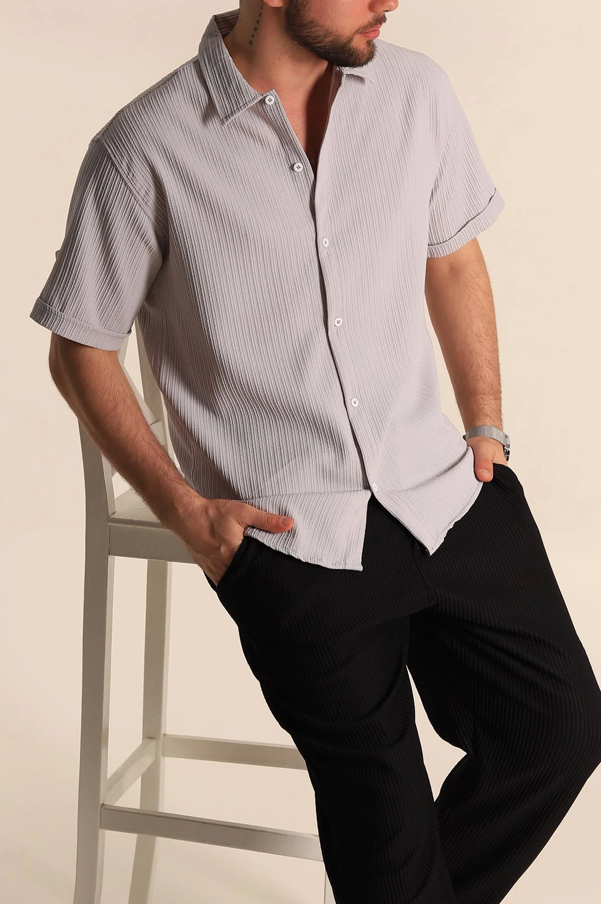 Gri Regular Fit Fitilli Doku Kısa Kollu Erkek Gömlek 275495