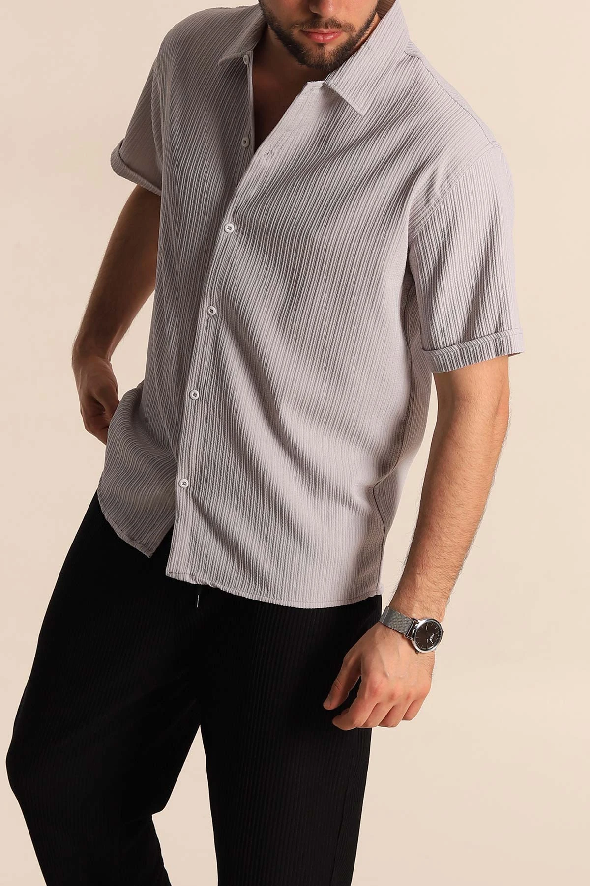 Gri Regular Fit Fitilli Doku Kısa Kollu Erkek Gömlek 275495