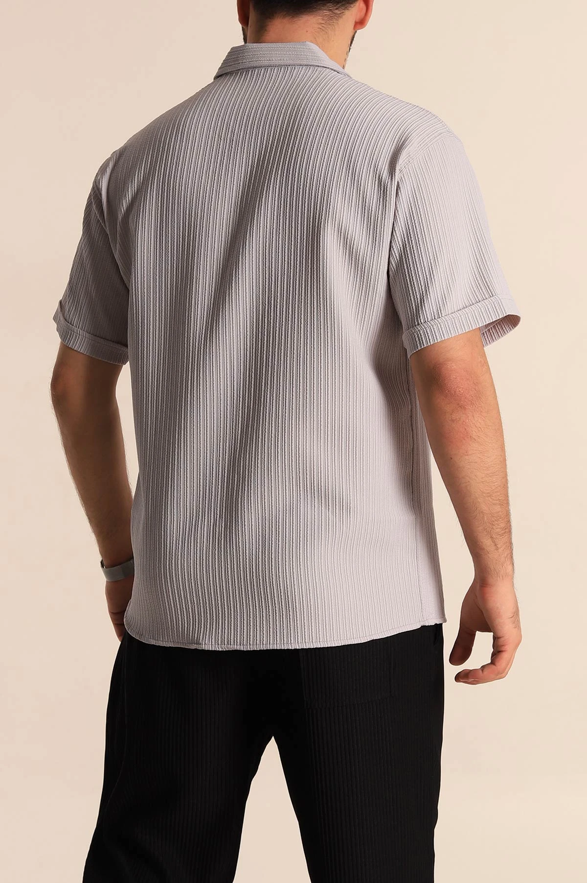 Gri Regular Fit Fitilli Doku Kısa Kollu Erkek Gömlek 275495