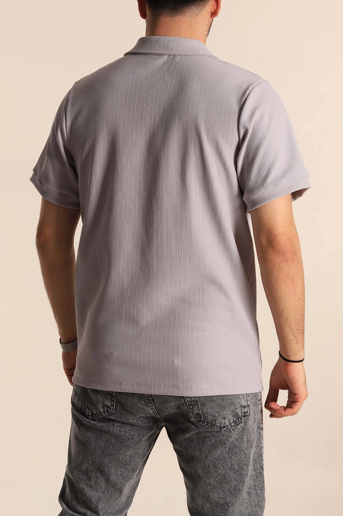 Gri Regular Fit Fitilli Doku Patlı Polo Yaka Erkek Tişört 270580