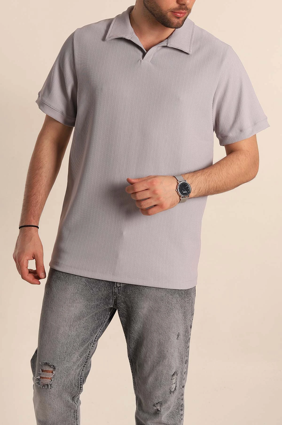 Gri Regular Fit Fitilli Doku Patlı Polo Yaka Erkek Tişört 270580