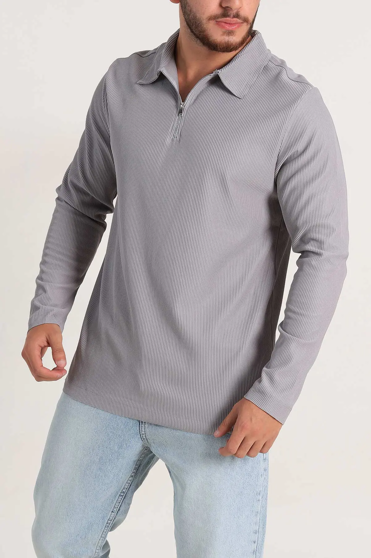 Gri Regular Fit Fitilli Doku Polo Yaka Sweatshirt 299828