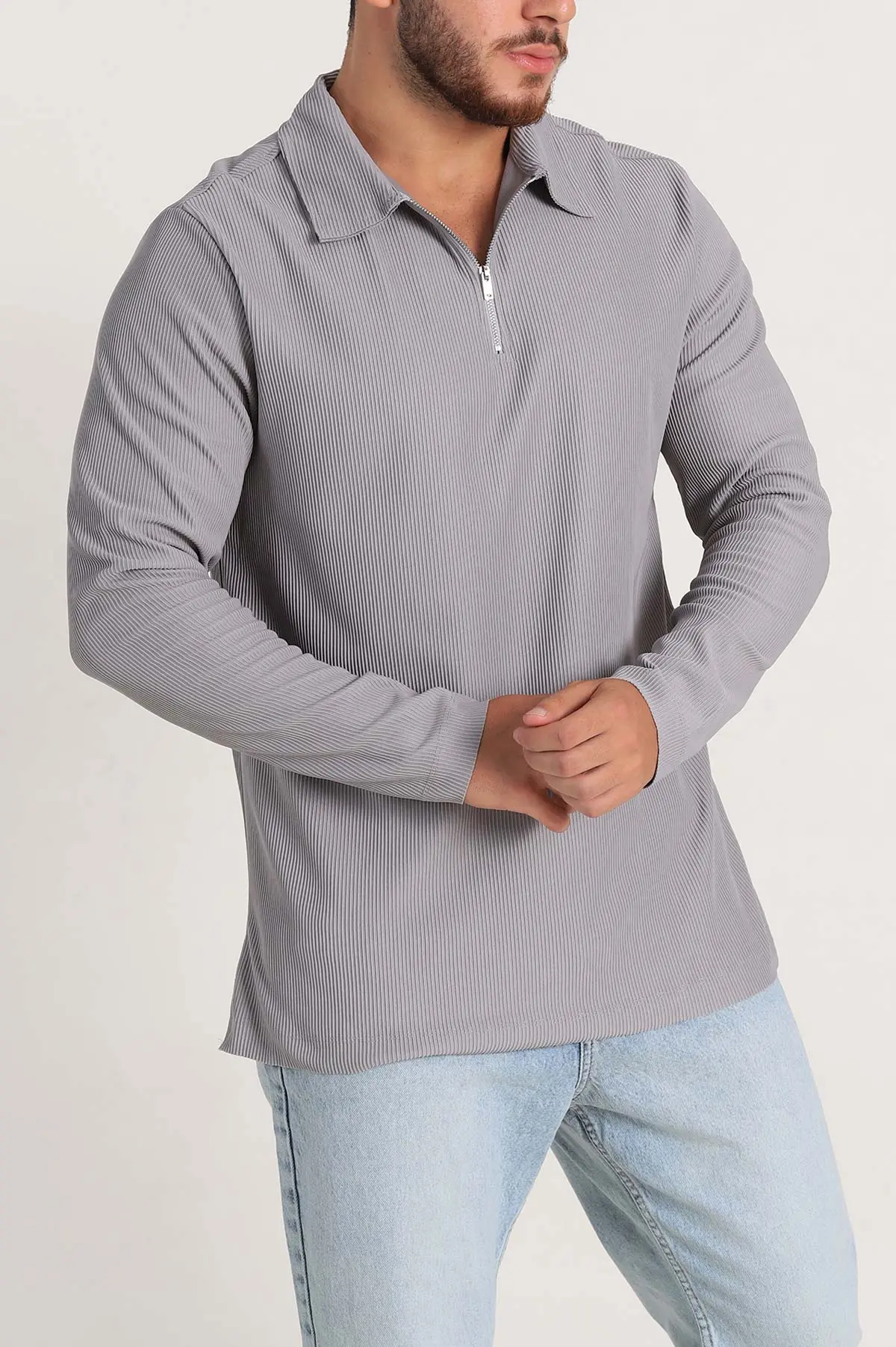 Gri Regular Fit Fitilli Doku Polo Yaka Sweatshirt 299828