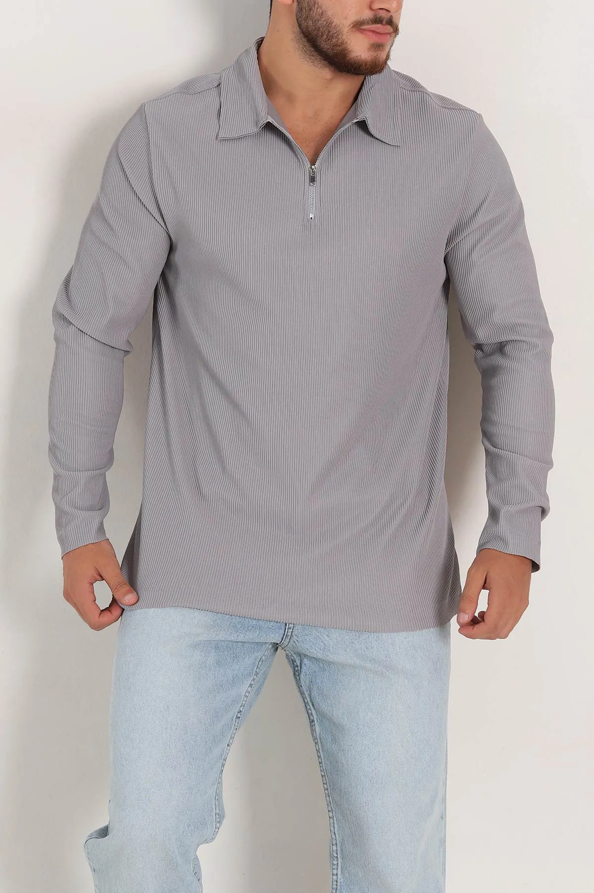 Gri Regular Fit Fitilli Doku Polo Yaka Sweatshirt 299828