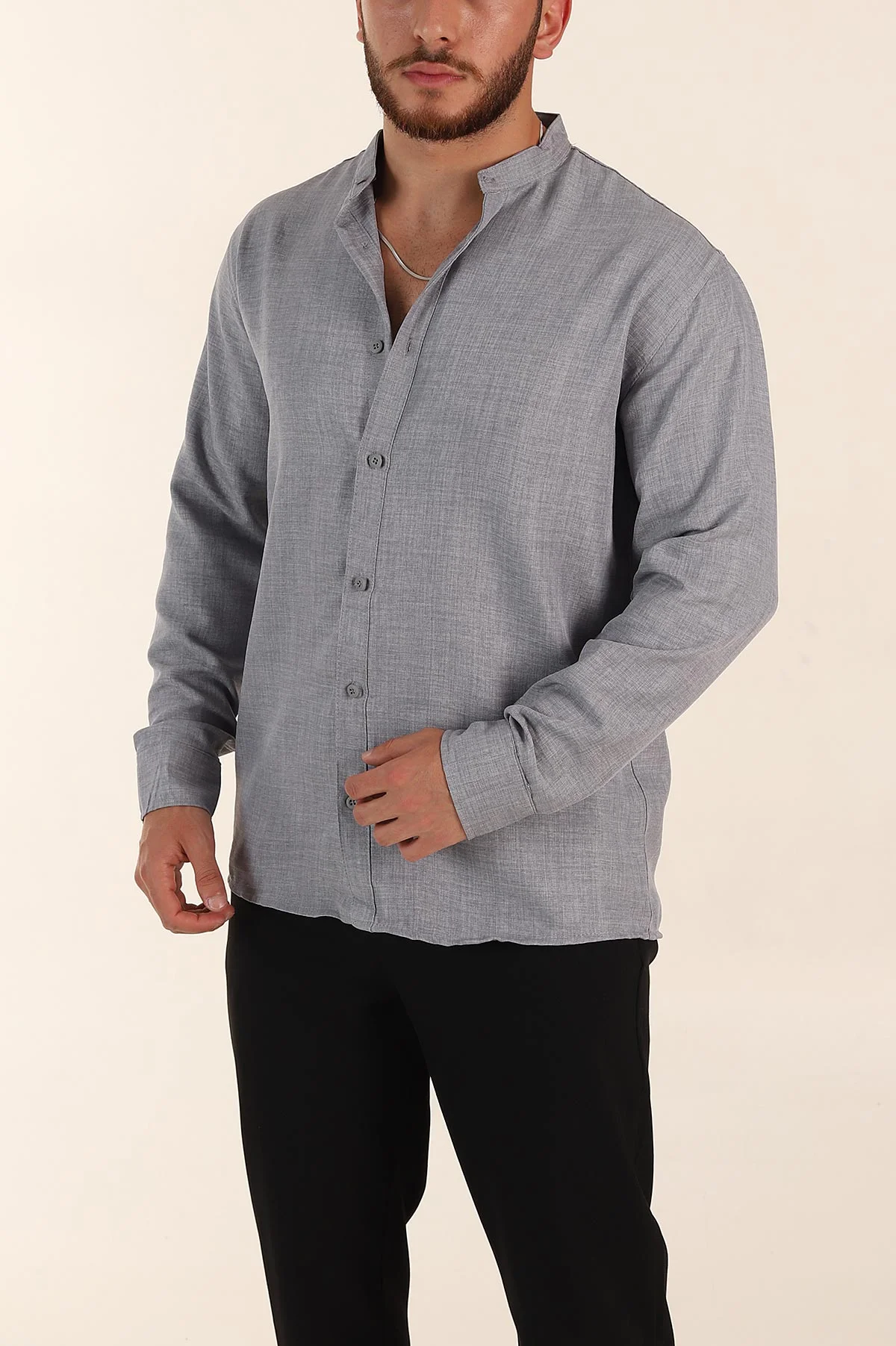 Gri Regular Fit Hakim Yaka Uzun Kollu Erkek Gömlek 370041