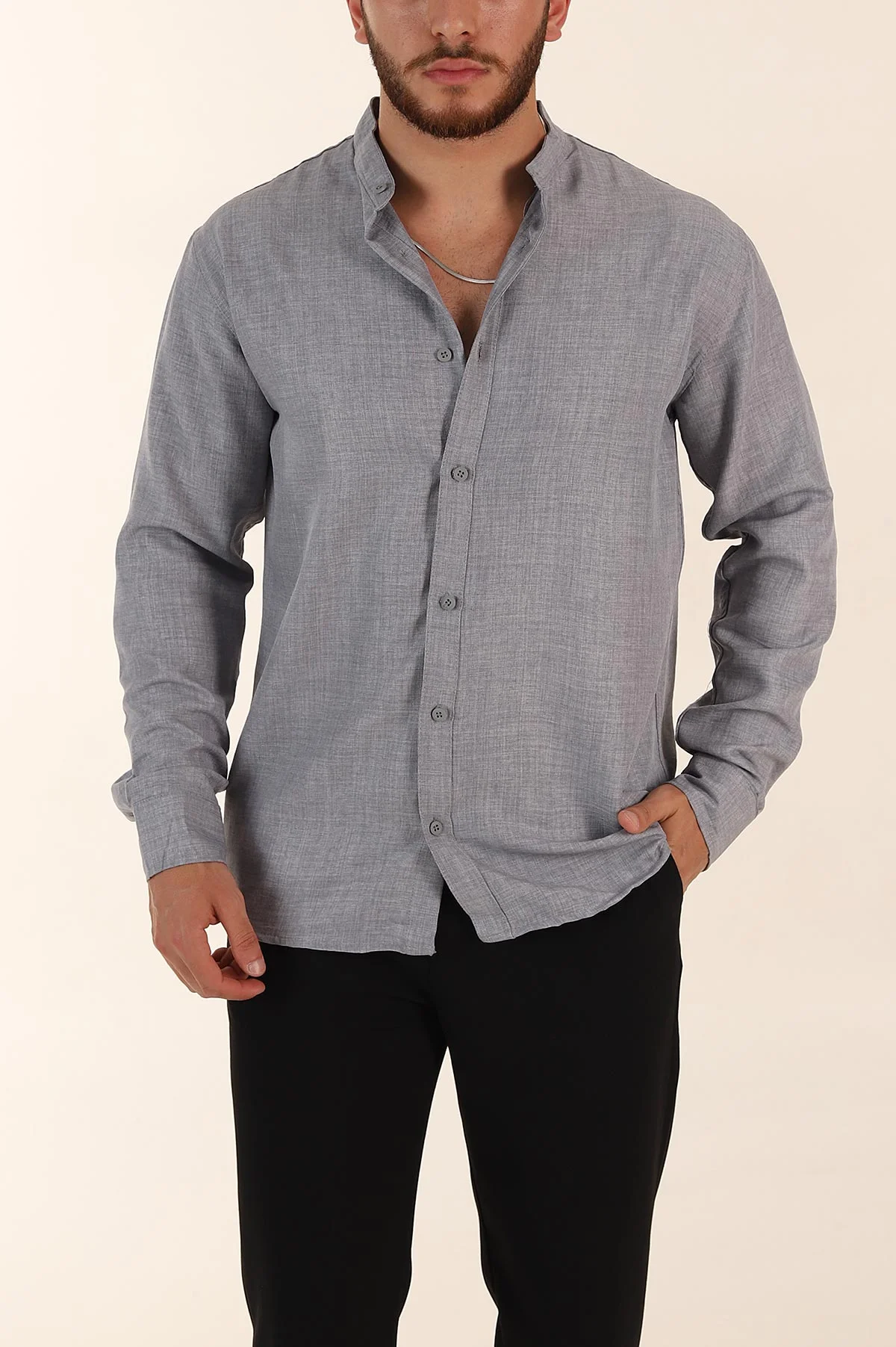Gri Regular Fit Hakim Yaka Uzun Kollu Erkek Gömlek 370041