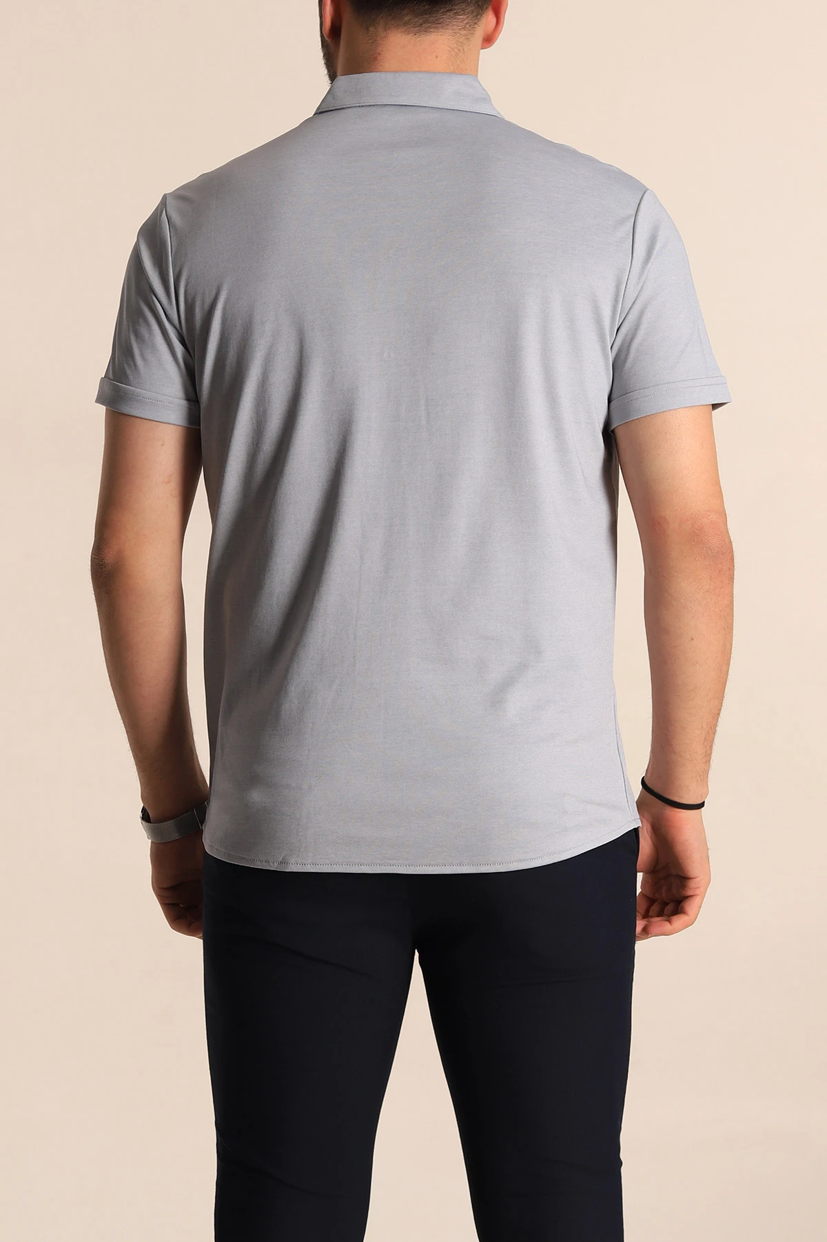 Gri Regular Fit Jakarlı Çıt Çıt Düğmeli Kısa Kollu Erkek Gömlek 263729