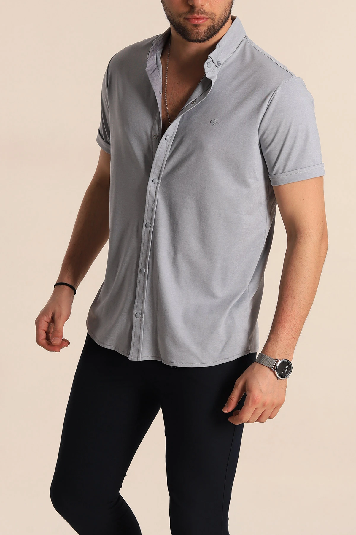 Gri Regular Fit Jakarlı Çıt Çıt Düğmeli Kısa Kollu Erkek Gömlek 263729
