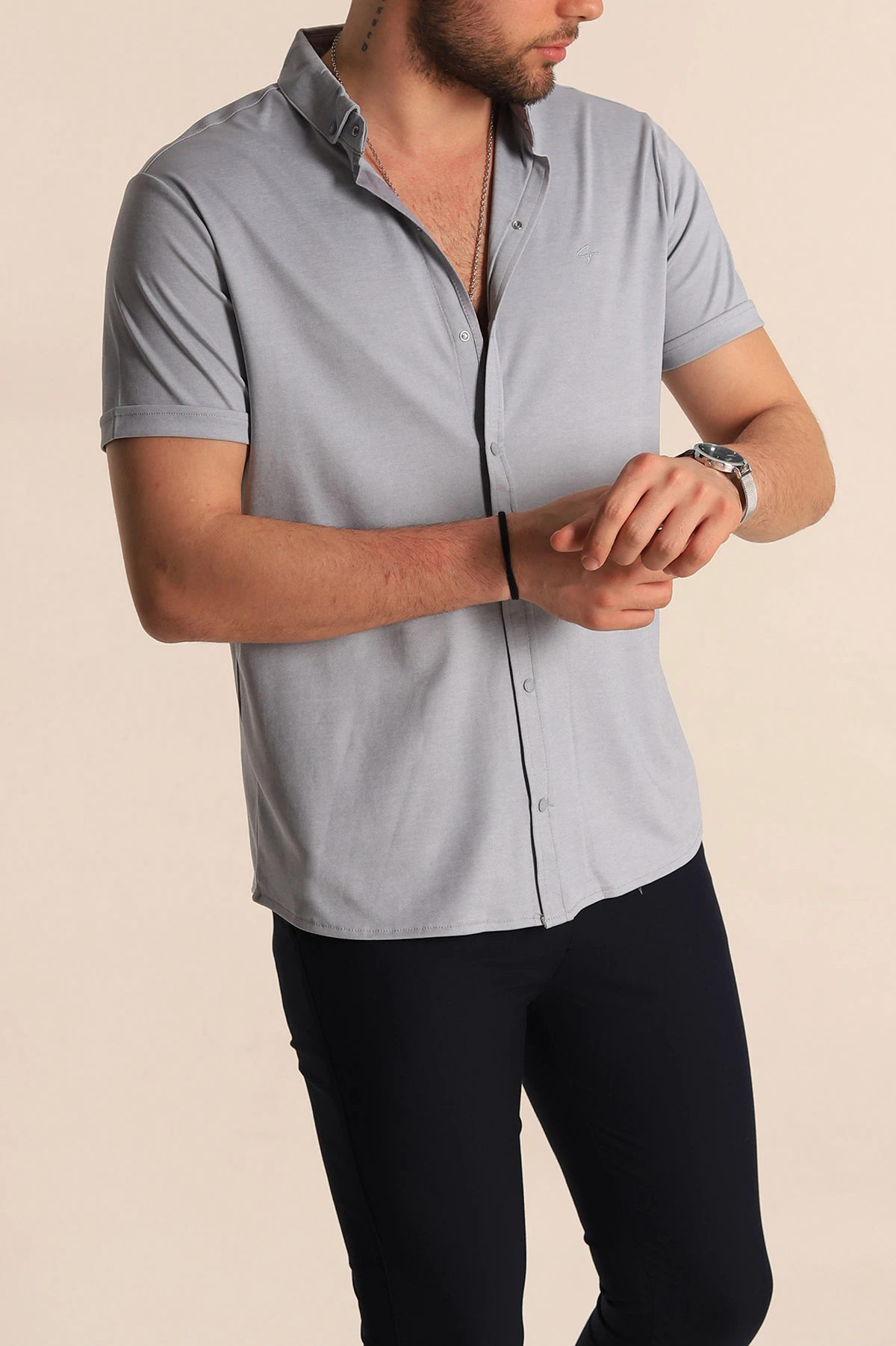 Gri Regular Fit Jakarlı Çıt Çıt Düğmeli Kısa Kollu Erkek Gömlek 263729
