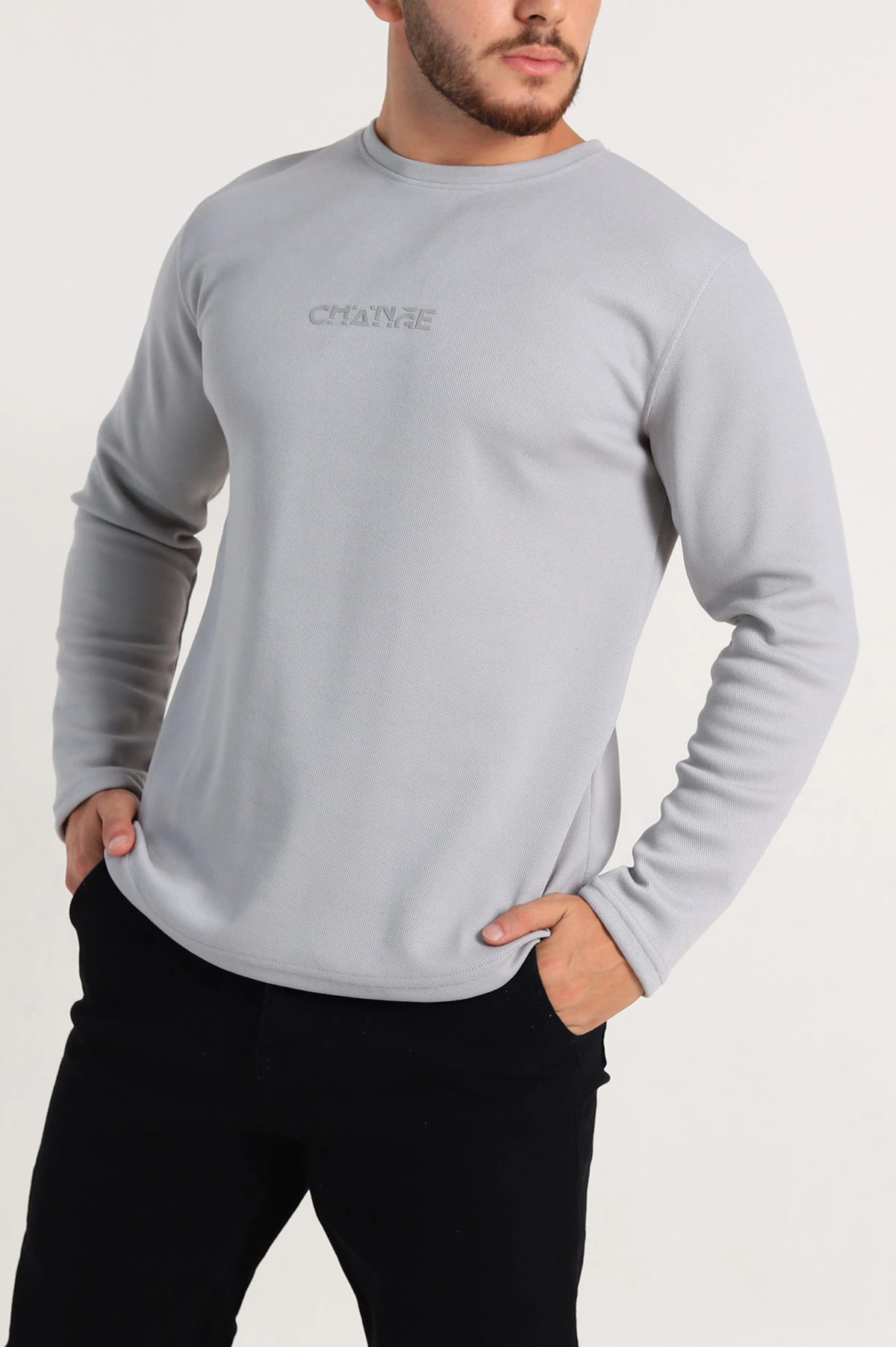 Gri Regular Fit Kabartma Baskılı Erkek Sweatshirt 303421