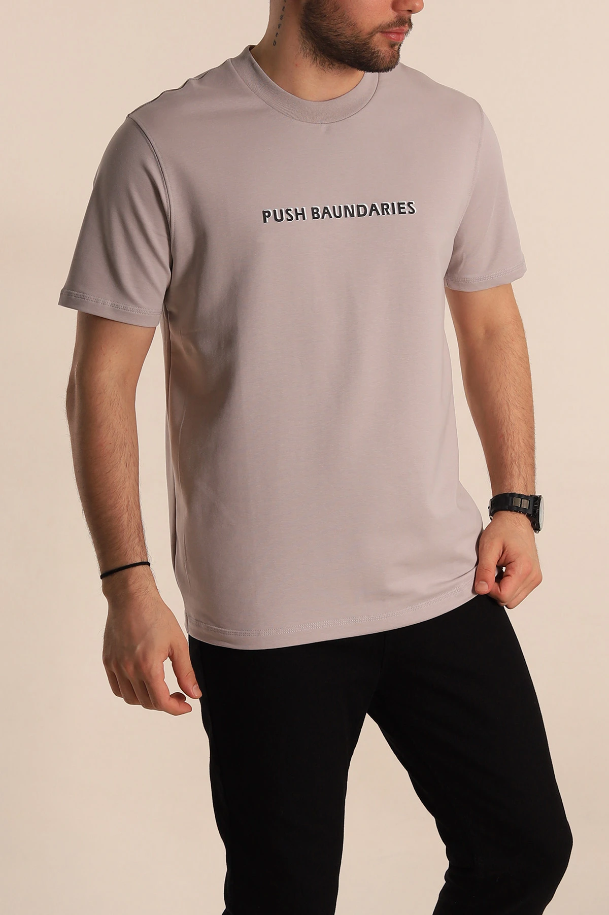 Gri Regular Fit Kabartma Yazılı Erkek Tişört 268126