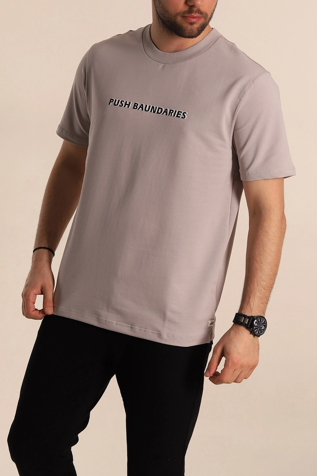 Gri Regular Fit Kabartma Yazılı Erkek Tişört 268126