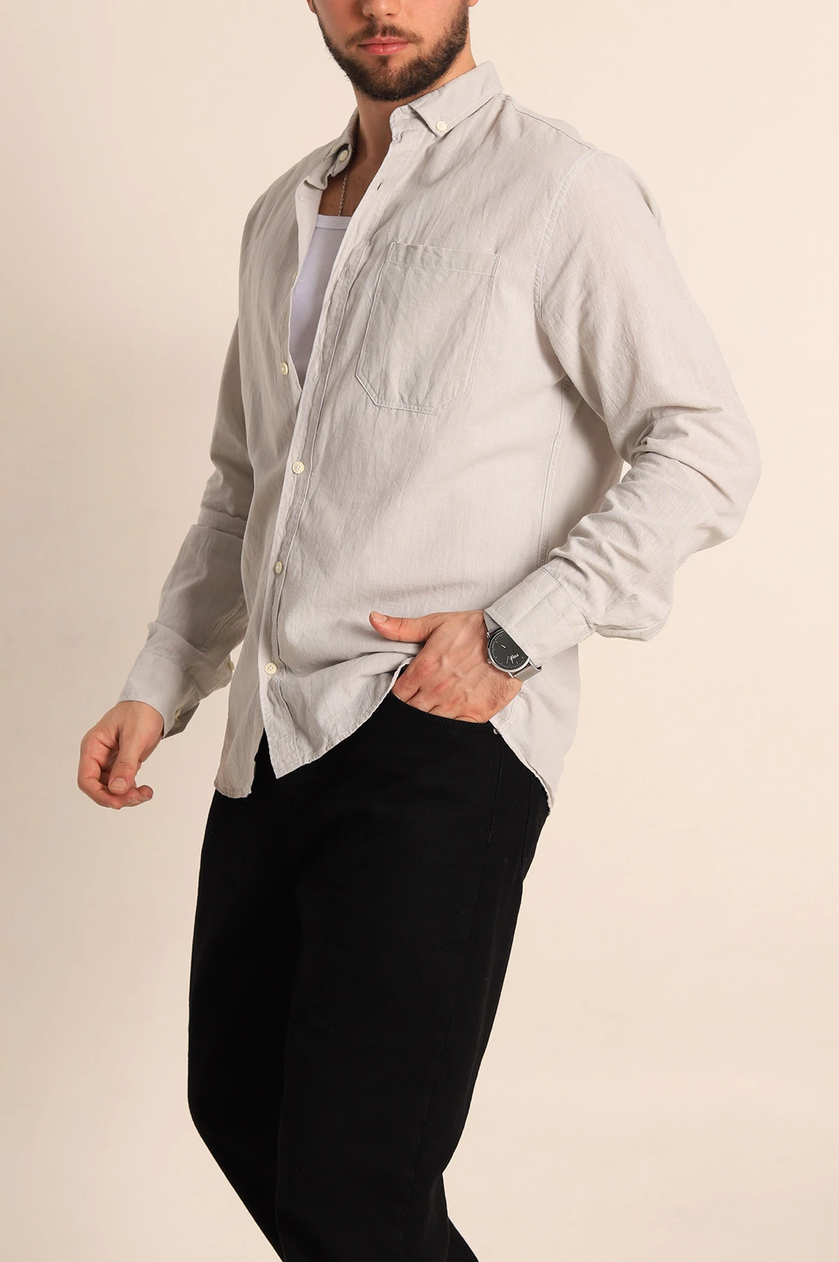Gri Regular Fit Keten Tek Cep Detaylı Uzun Kollu Erkek Gömlek 244753