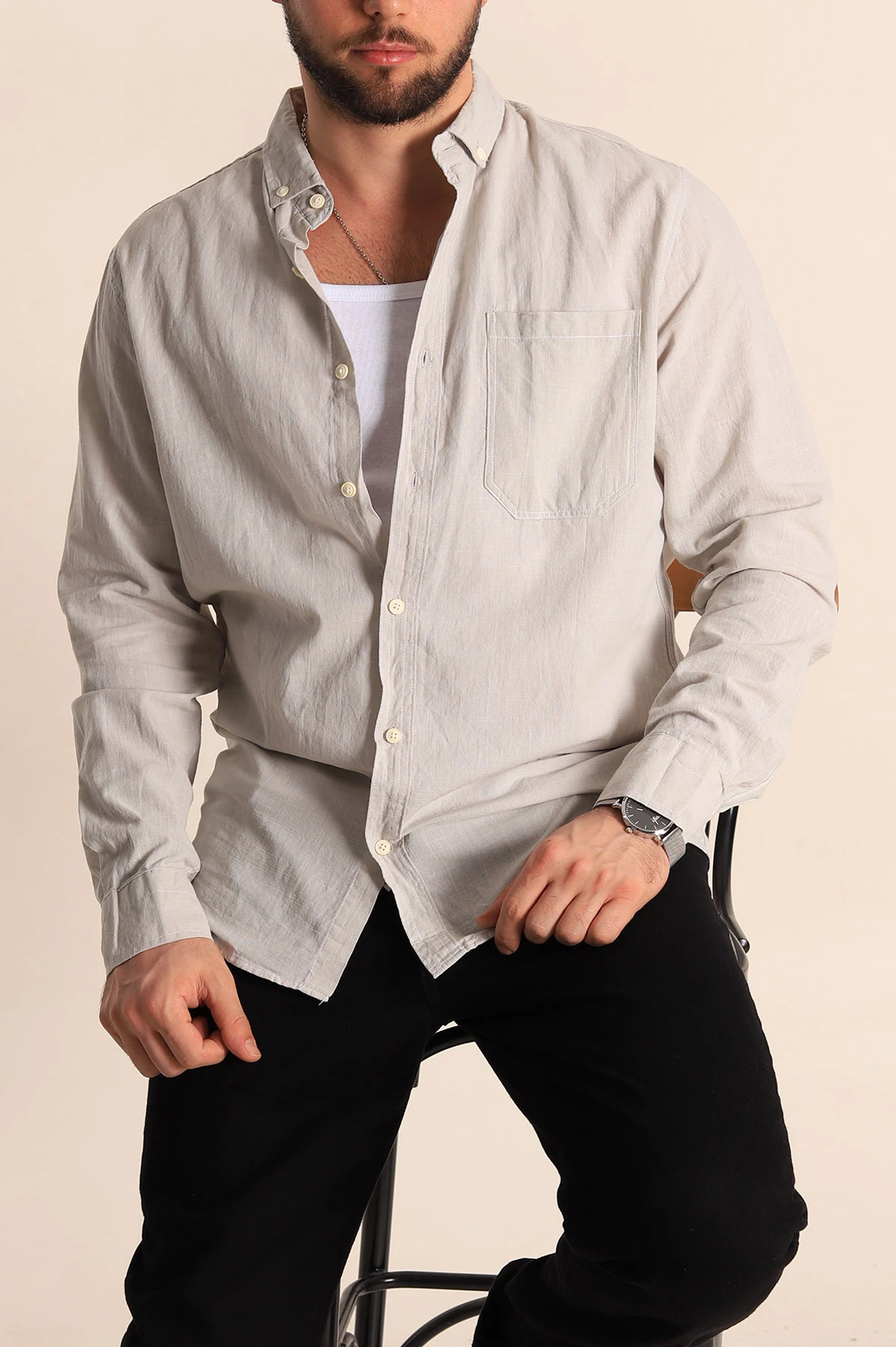 Gri Regular Fit Keten Tek Cep Detaylı Uzun Kollu Erkek Gömlek 244753