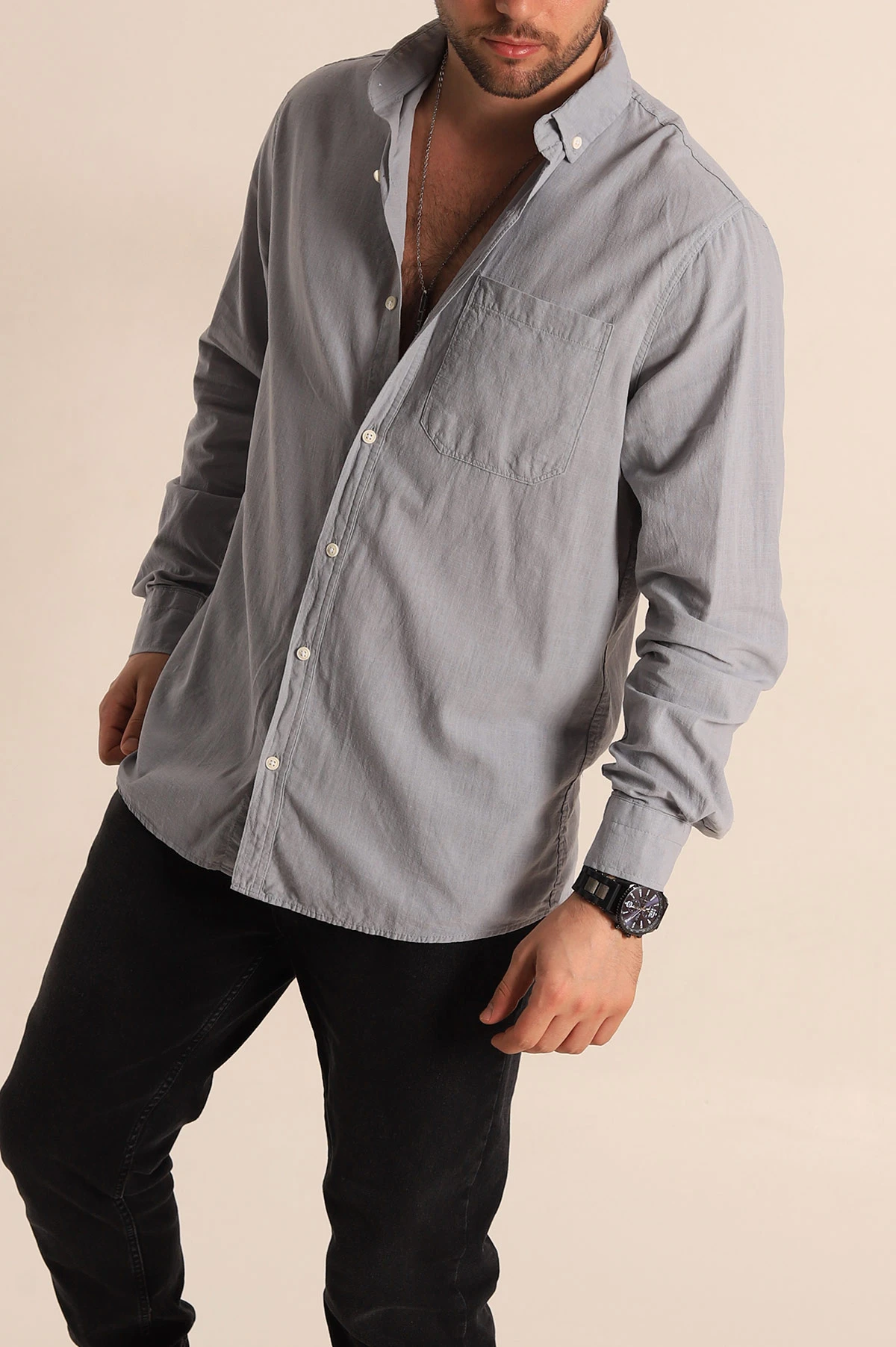 Gri Regular Fit Keten Tek Cep Detaylı Uzun Kollu Erkek Gömlek 267484
