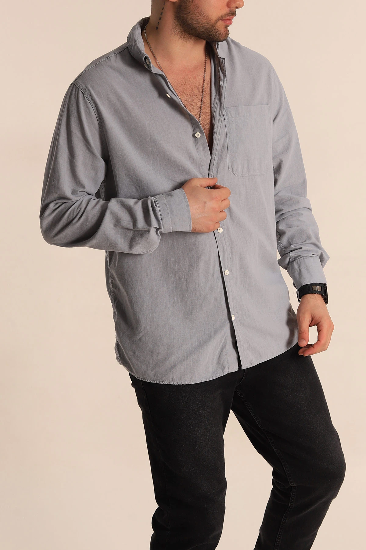 Gri Regular Fit Keten Tek Cep Detaylı Uzun Kollu Erkek Gömlek 267484