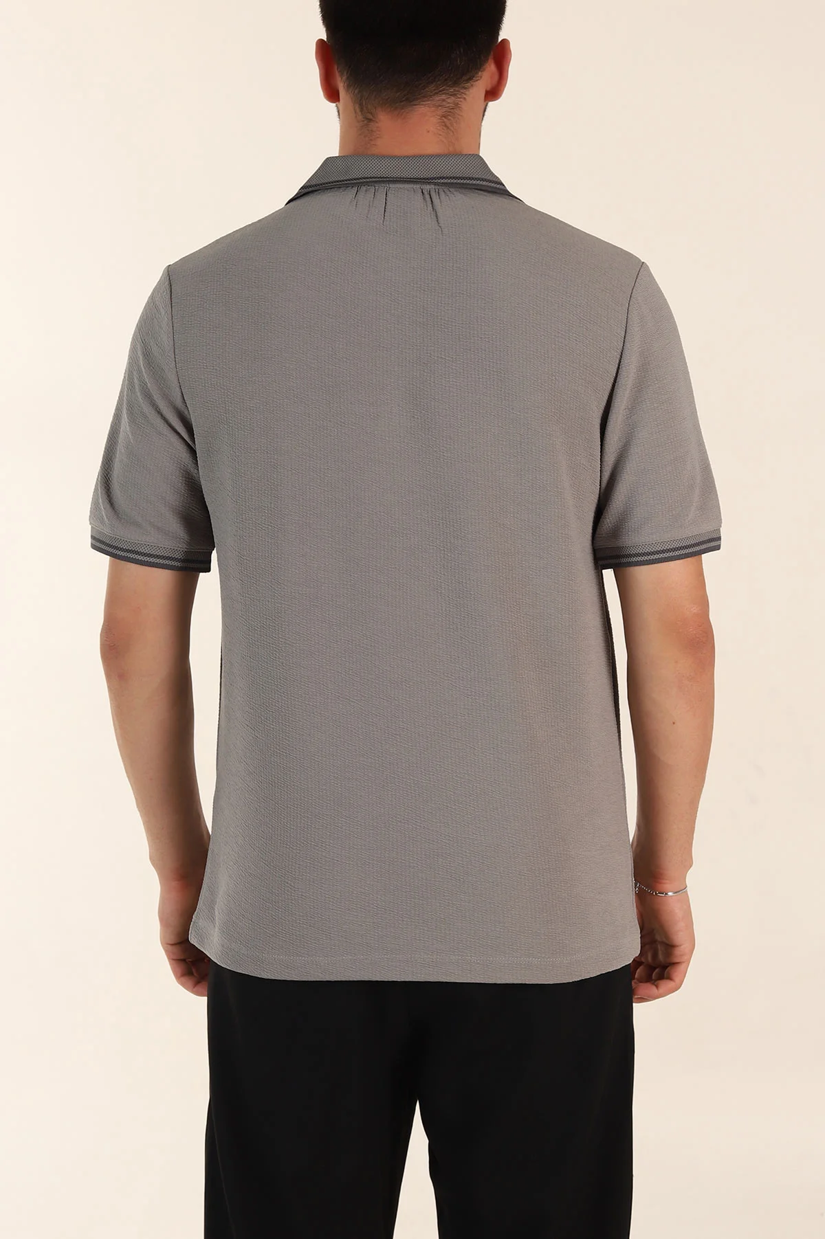 Gri Regular Fit Likralı Çizgili Polo Yaka Erkek Tişört 368734
