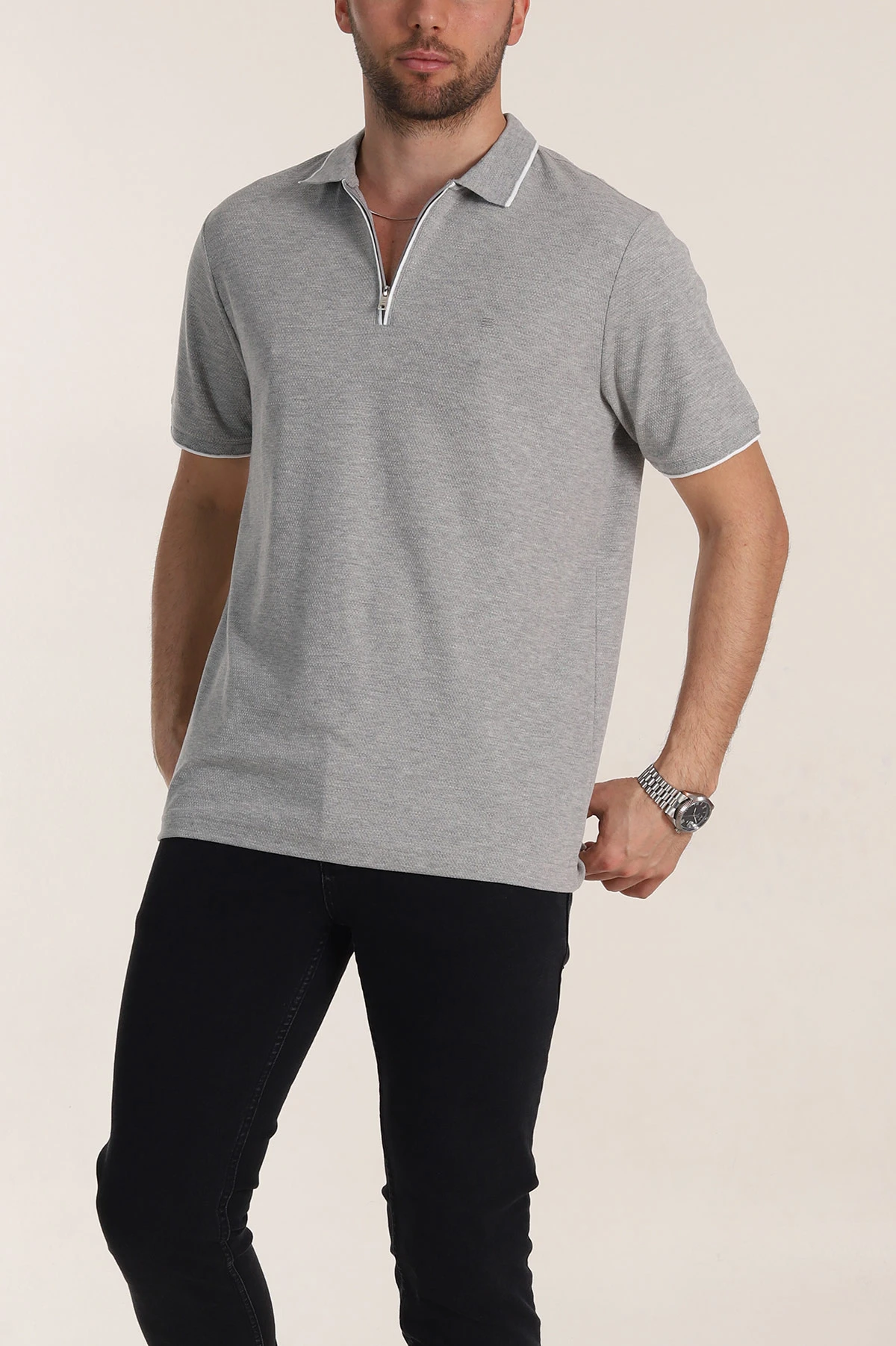 Gri Regular Fit Petek Dokulu Polo Yaka Erkek Tişört 349899