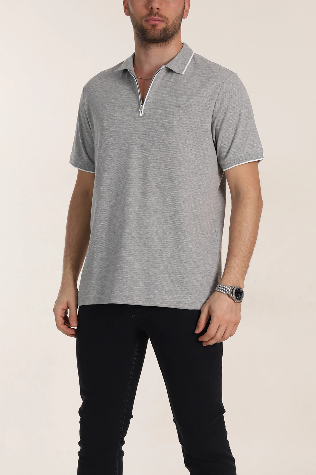 Gri Regular Fit Petek Dokulu Polo Yaka Erkek Tişört 349899