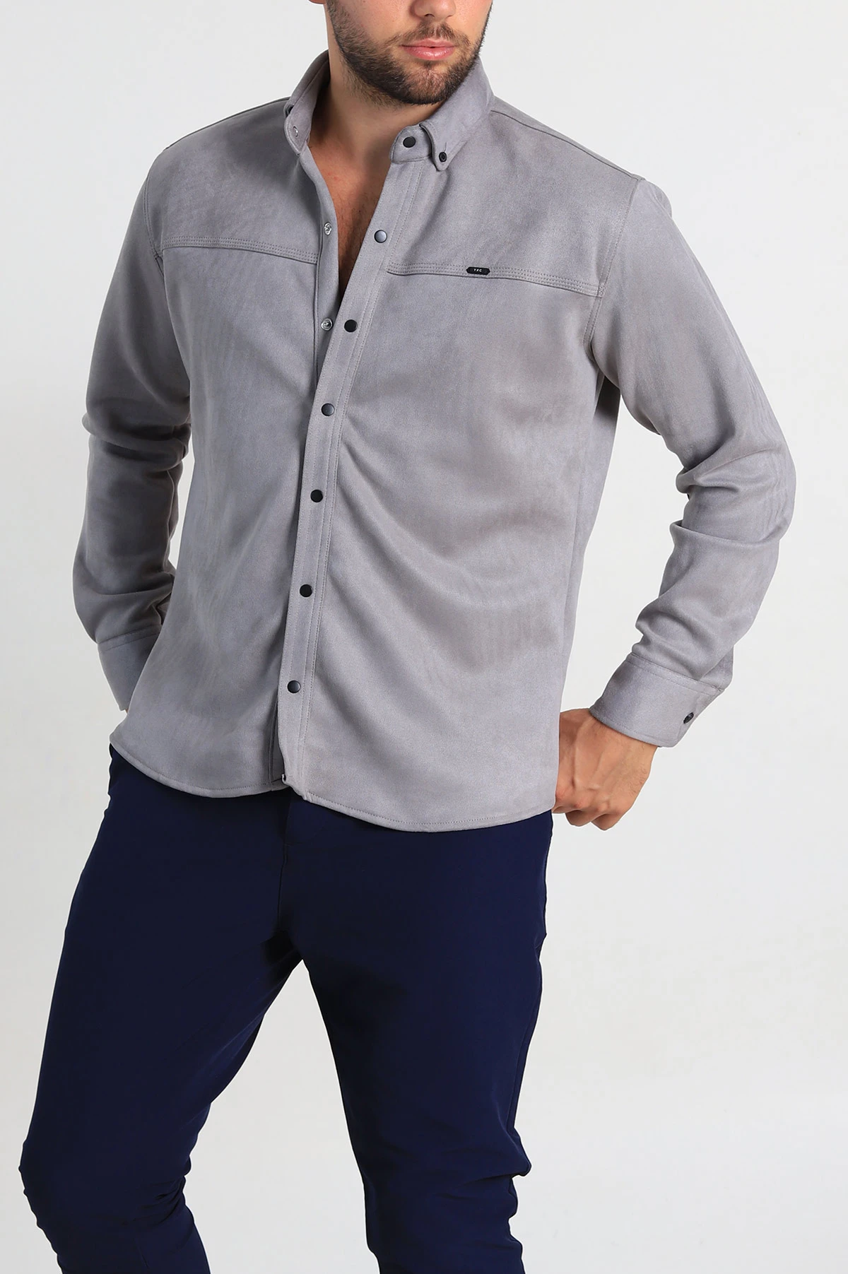 Gri Regular Fit Süet Çıt Çıt Düğmeli Erkek Gömlek 309302