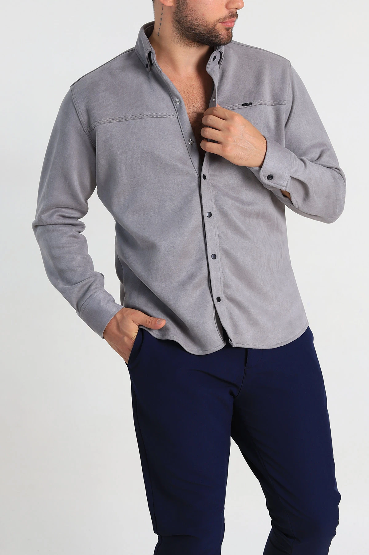 Gri Regular Fit Süet Çıt Çıt Düğmeli Erkek Gömlek 309302