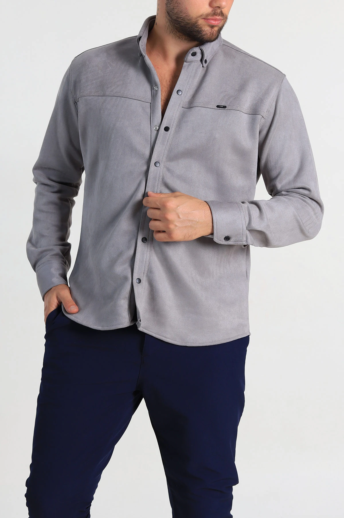 Gri Regular Fit Süet Çıt Çıt Düğmeli Erkek Gömlek 309302