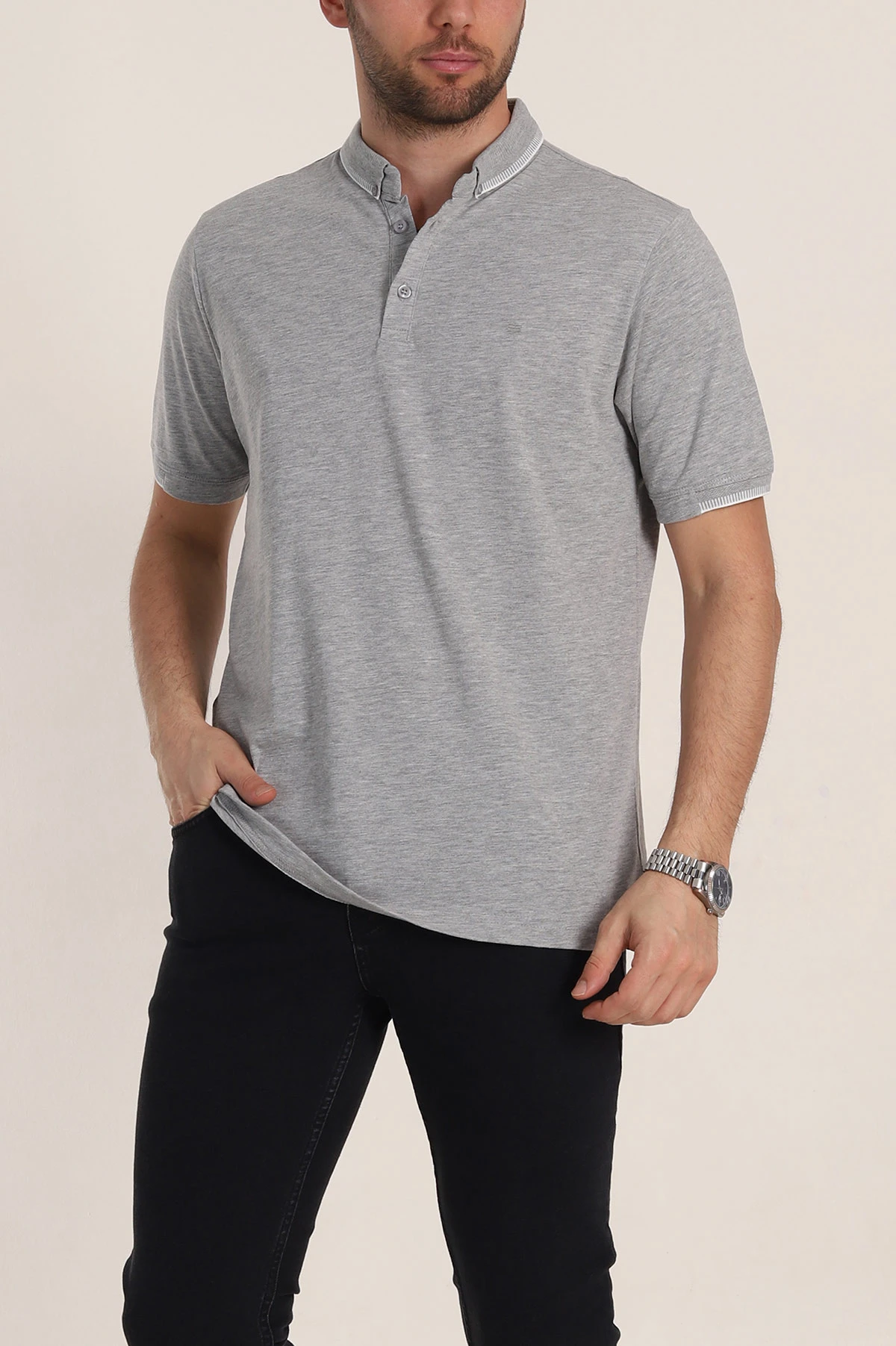 Gri Regular Fit Süprem Kumaş Kol Detaylı Polo Yaka Erkek Tişört 349939