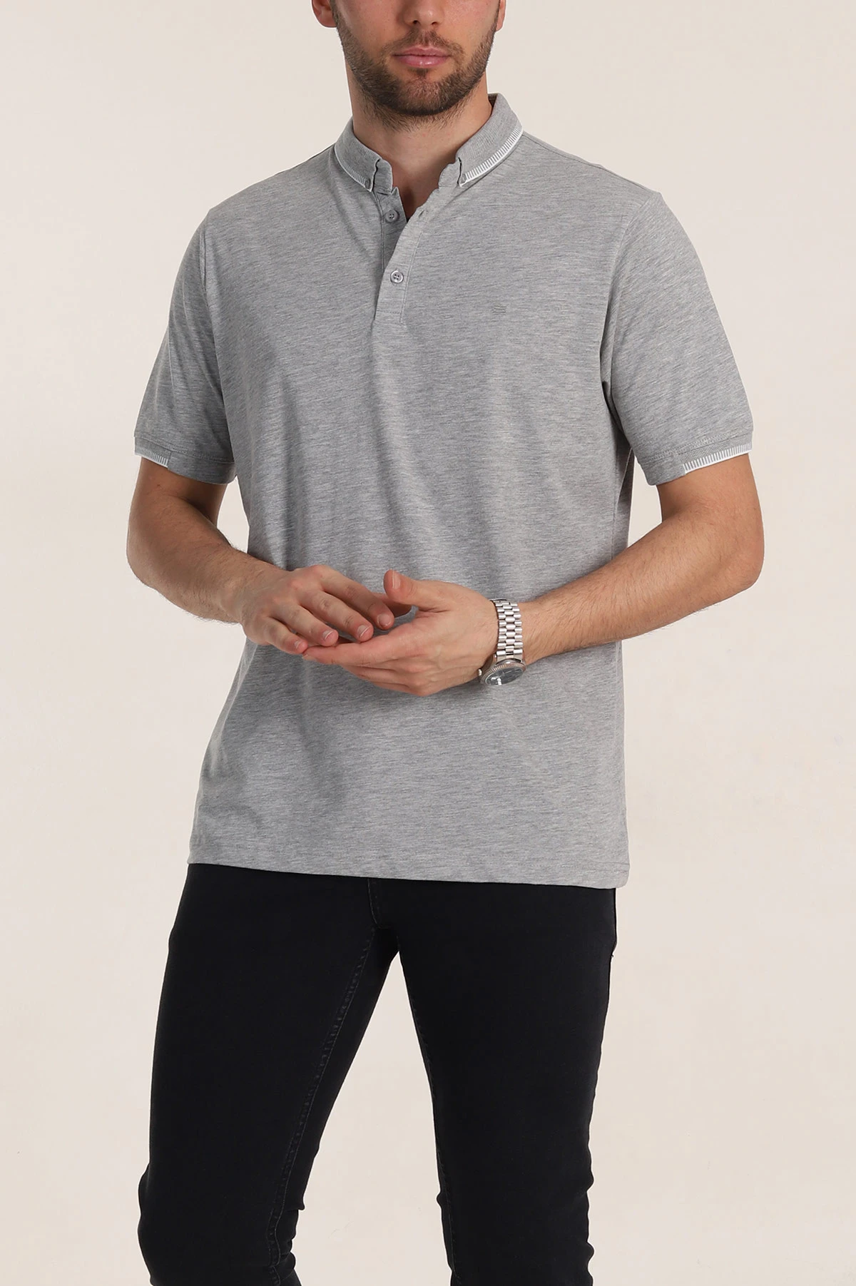 Gri Regular Fit Süprem Kumaş Kol Detaylı Polo Yaka Erkek Tişört 349939