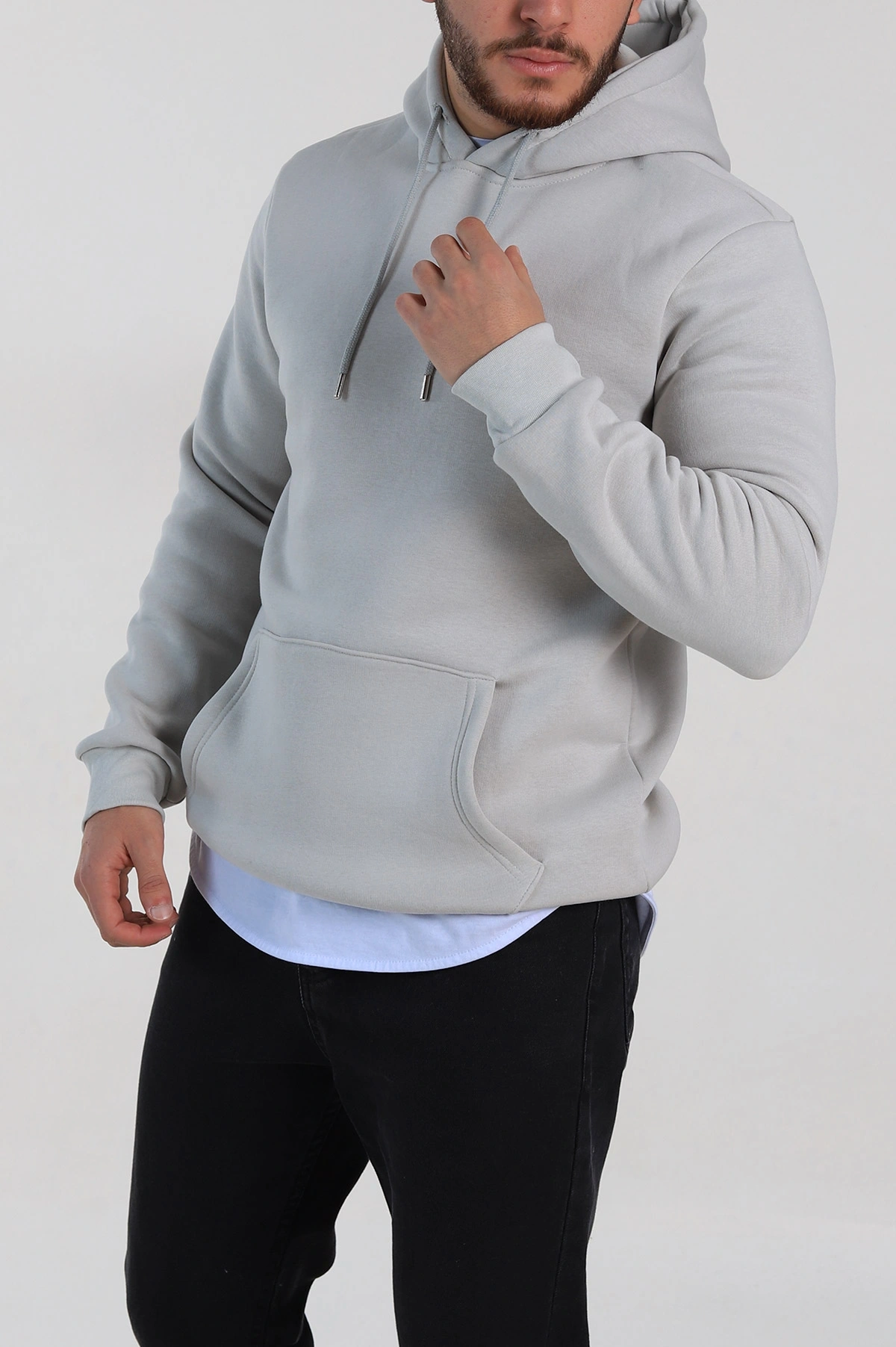 Gri Regular Fit Üç İp Şardonlu Erkek Kapüşonlu Basic Sweatshirt 400534
